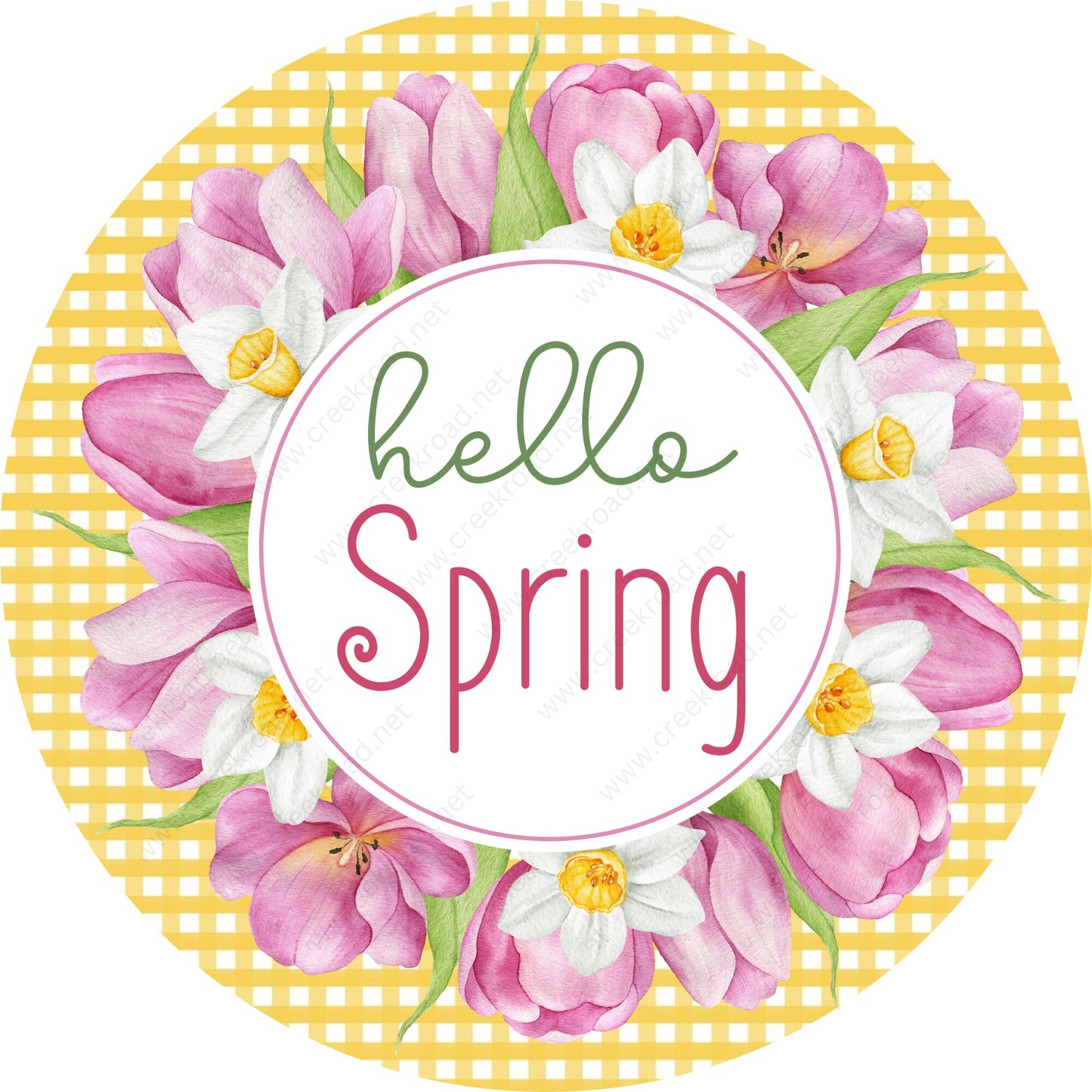 Hello Spring Pink Flowers Yellow Check Wreath Sign-Sublimation-Attachment-Spring-Decor