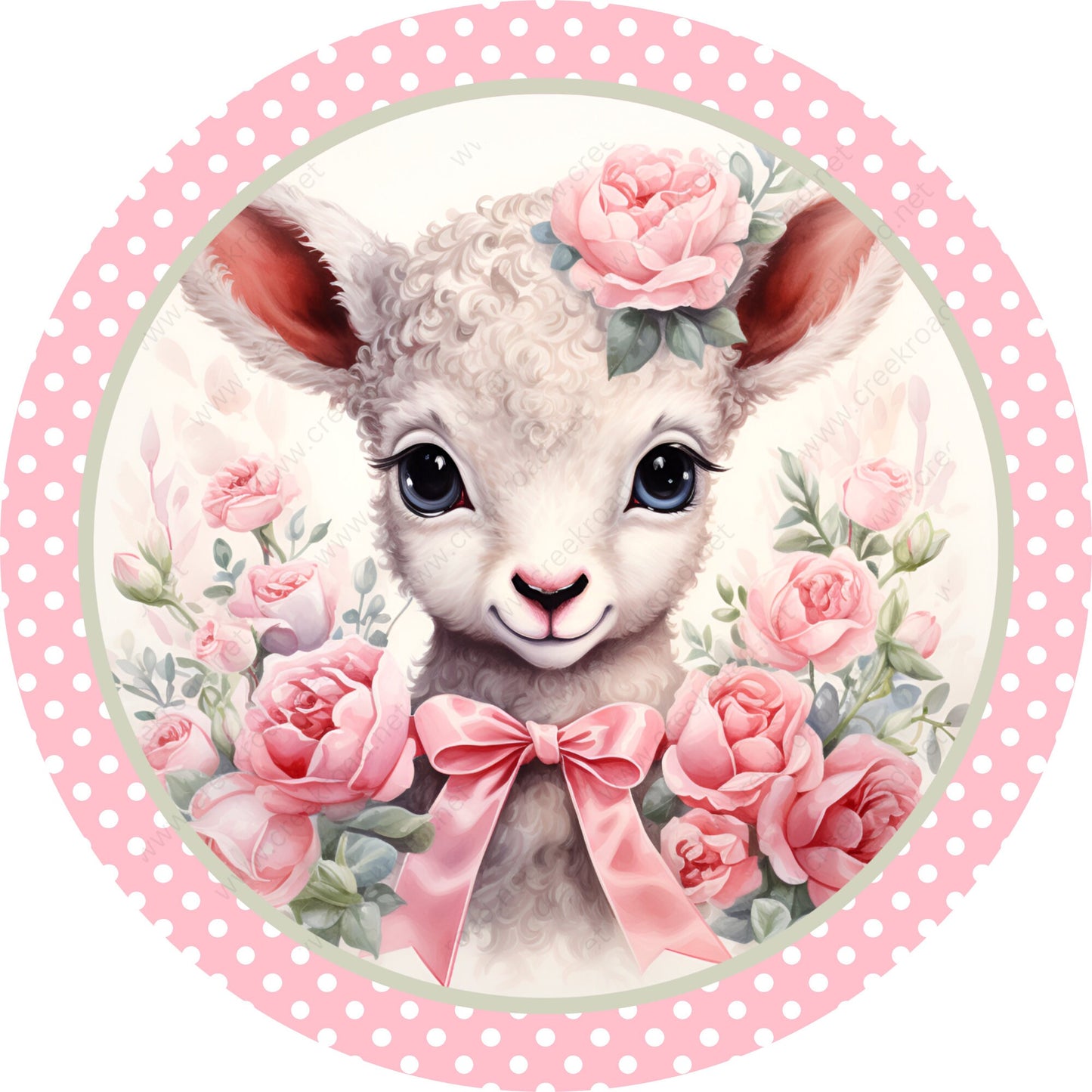 Cute Easter Lamb Pink Flowers Bow Polka Dot Border Wreath Sign-Sublimation-Attachment-Decor-Spring