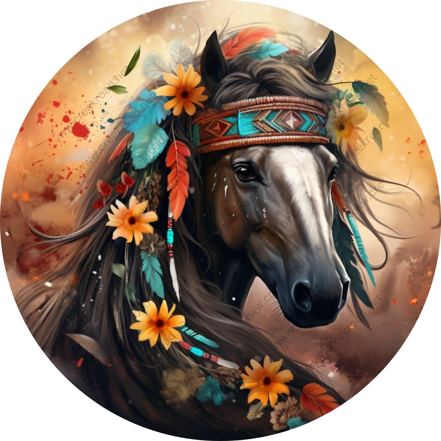 Beautiful Horse Indian Headdress Sunflowers Wreath Sign-Sublimation-Spring-Farm-Attachment-Decor