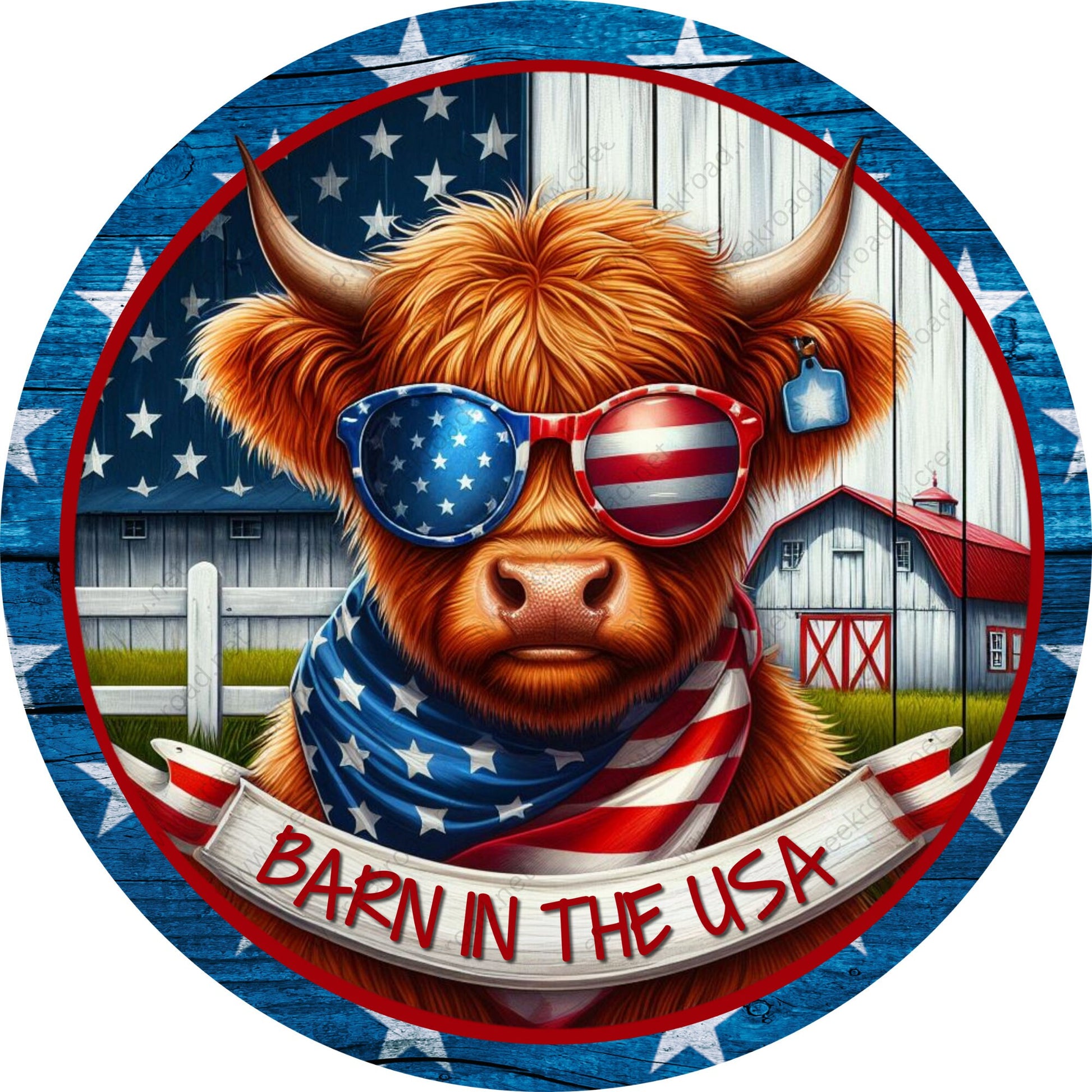 Patriotic Cow Barn In The USA Star Border Wreath Sign-Round-Sublimation-Aluminum-Attachment-Decor