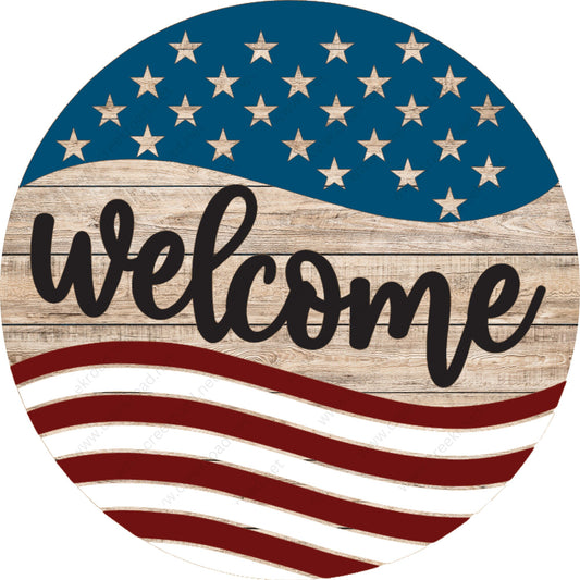 Patriotic Welcome American Flag (Blue) Wreath Sign-Sublimation-Spring-Metal Sign