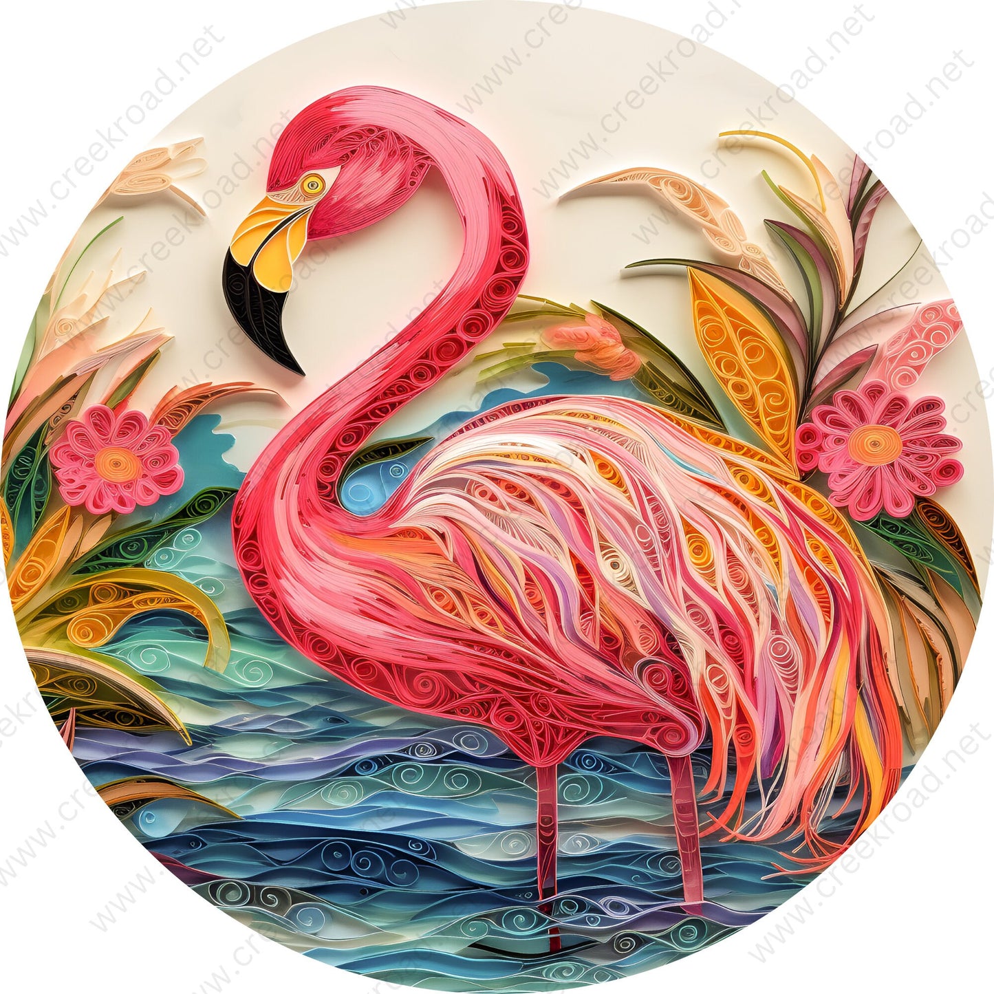 Spring Pink Flamingo Paper Art Appearance Wreath Sign-Round-Sublimation-Spring-Decor