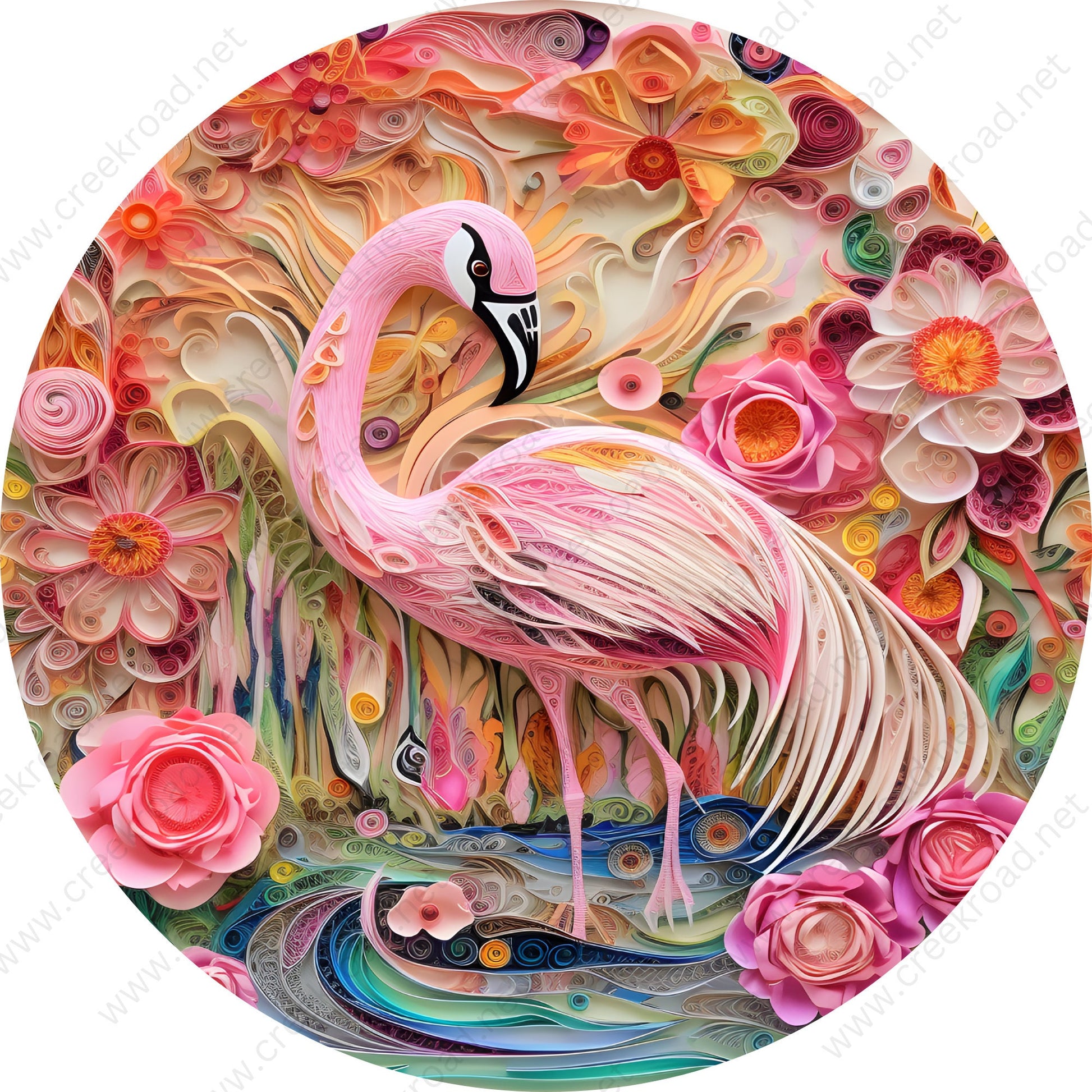 Spring Pink Flamingo Paper Art Appearance Flowers Wreath Sign-Round-Sublimation-Spring-Decor