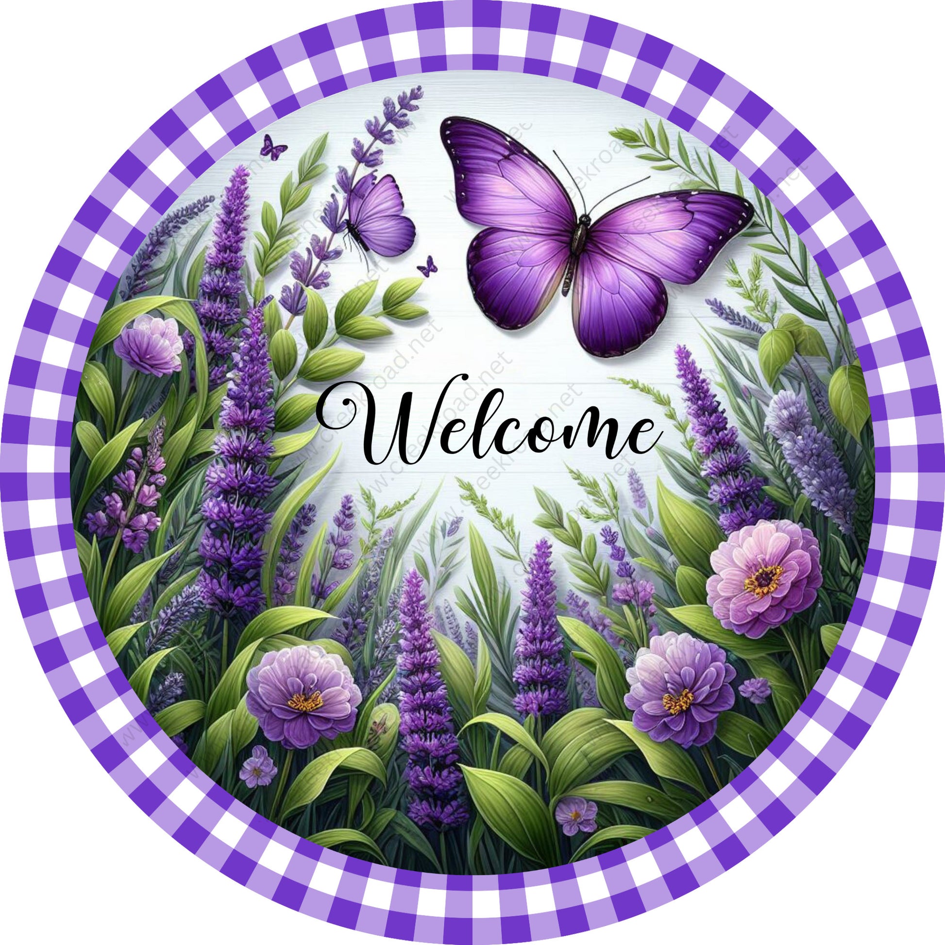 Welcome Purple Butterfly in Lavender Field Spring Checkered Border Wreath Sign-Sublimation-Attachment-Decor