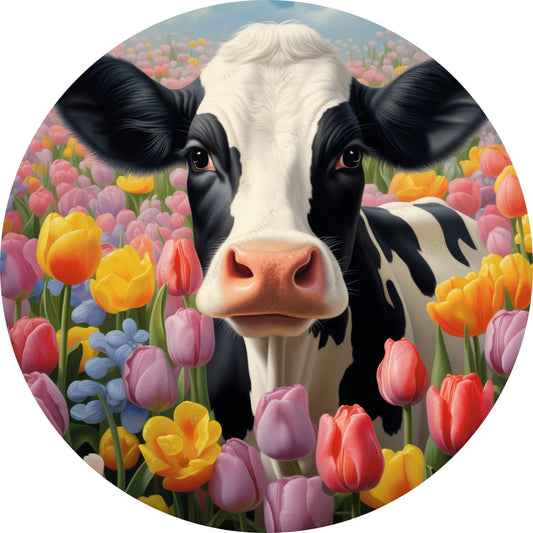 Farm Cow In Spring Tulips Wreath Sign-Round-Decor-Spring