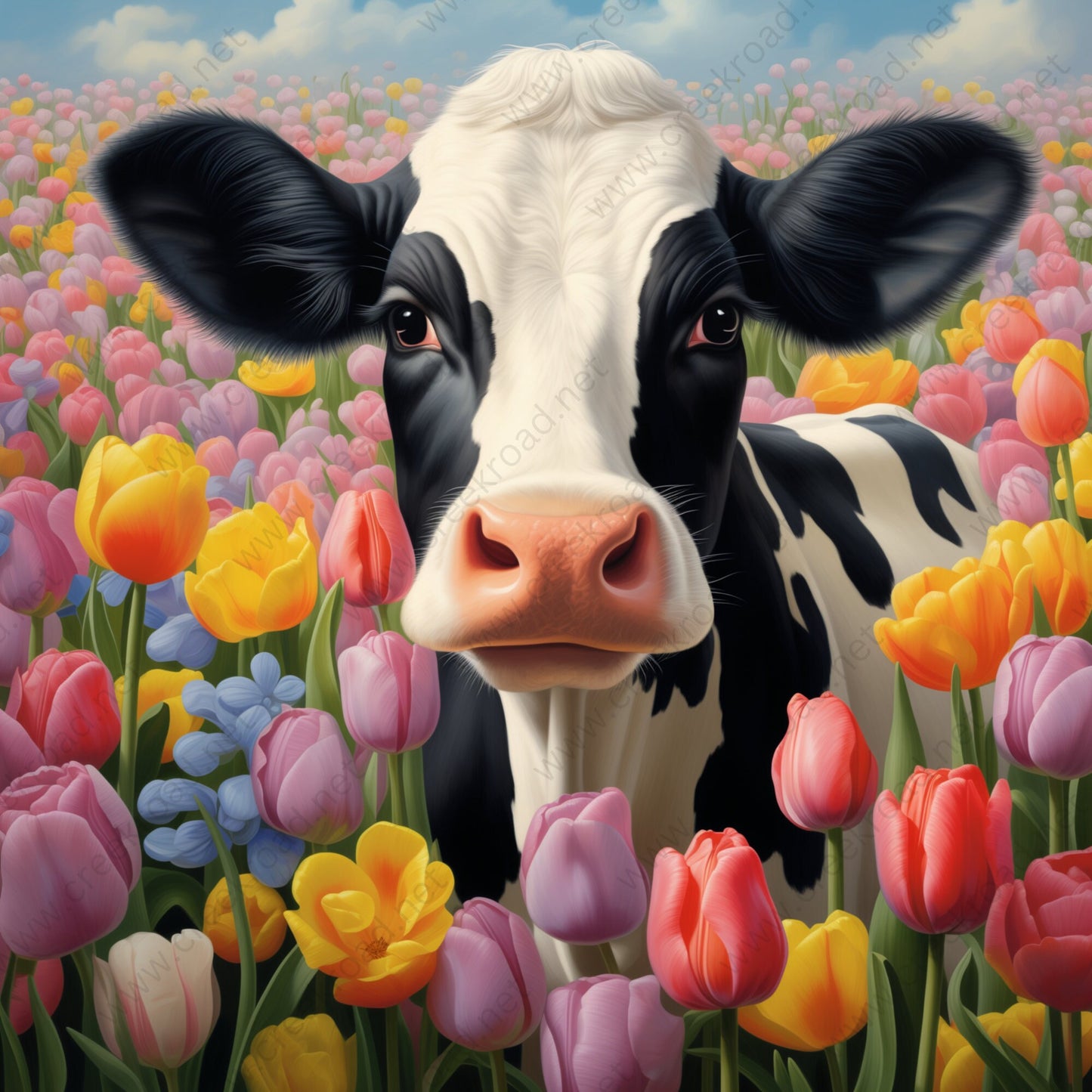 Farm Cow In Spring Tulips Wreath Sign-10"x10" Square-Decor-Spring