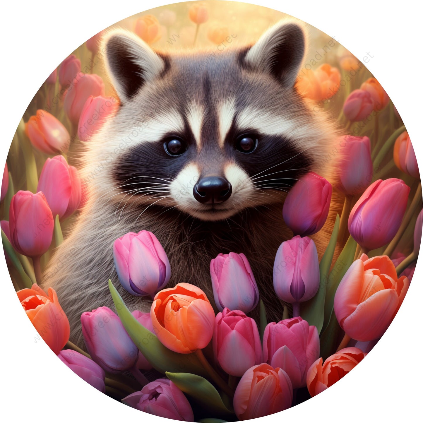 Racoon In Spring Tulips Wreath Sign-Round-Decor-Spring