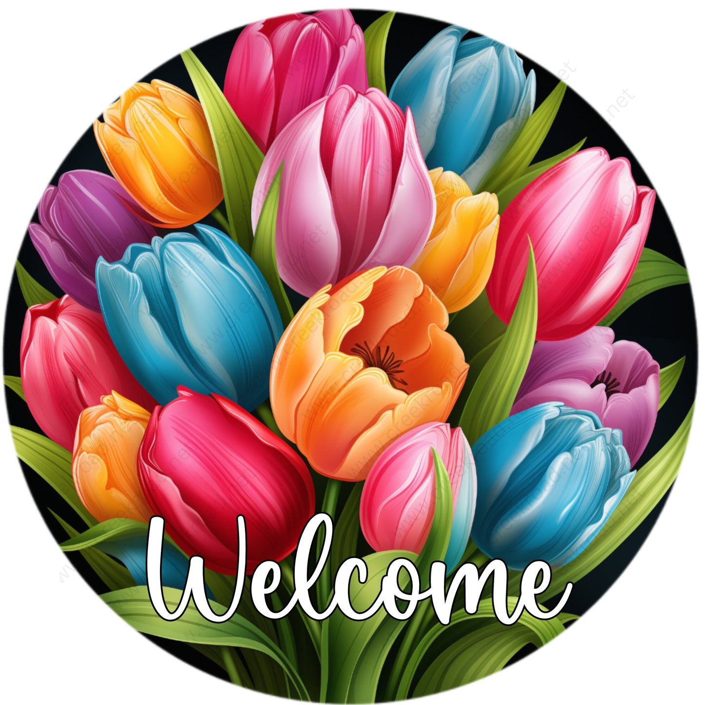 Welcome Colorful Spring Tulips Wreath Sign-Round-Decor-Spring