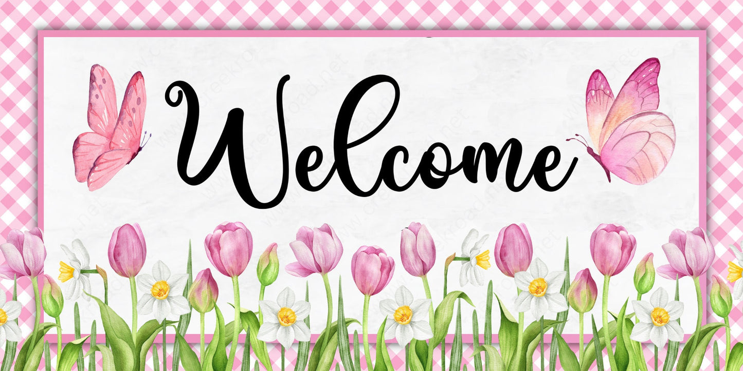 Welcome Pink Tulips Butterfly Wreath Sign-6"x12" Square-Decor-Spring