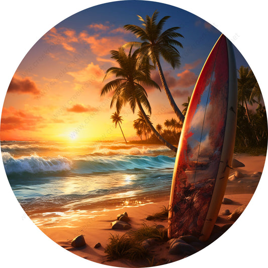 Sunset On The Beach Surfboard Wreath Sign-Sublimation-Round-Beach-Decor