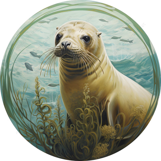 Ocean Wildlife Sea Lion Wreath Sign-Sublimation-Round-Coastal