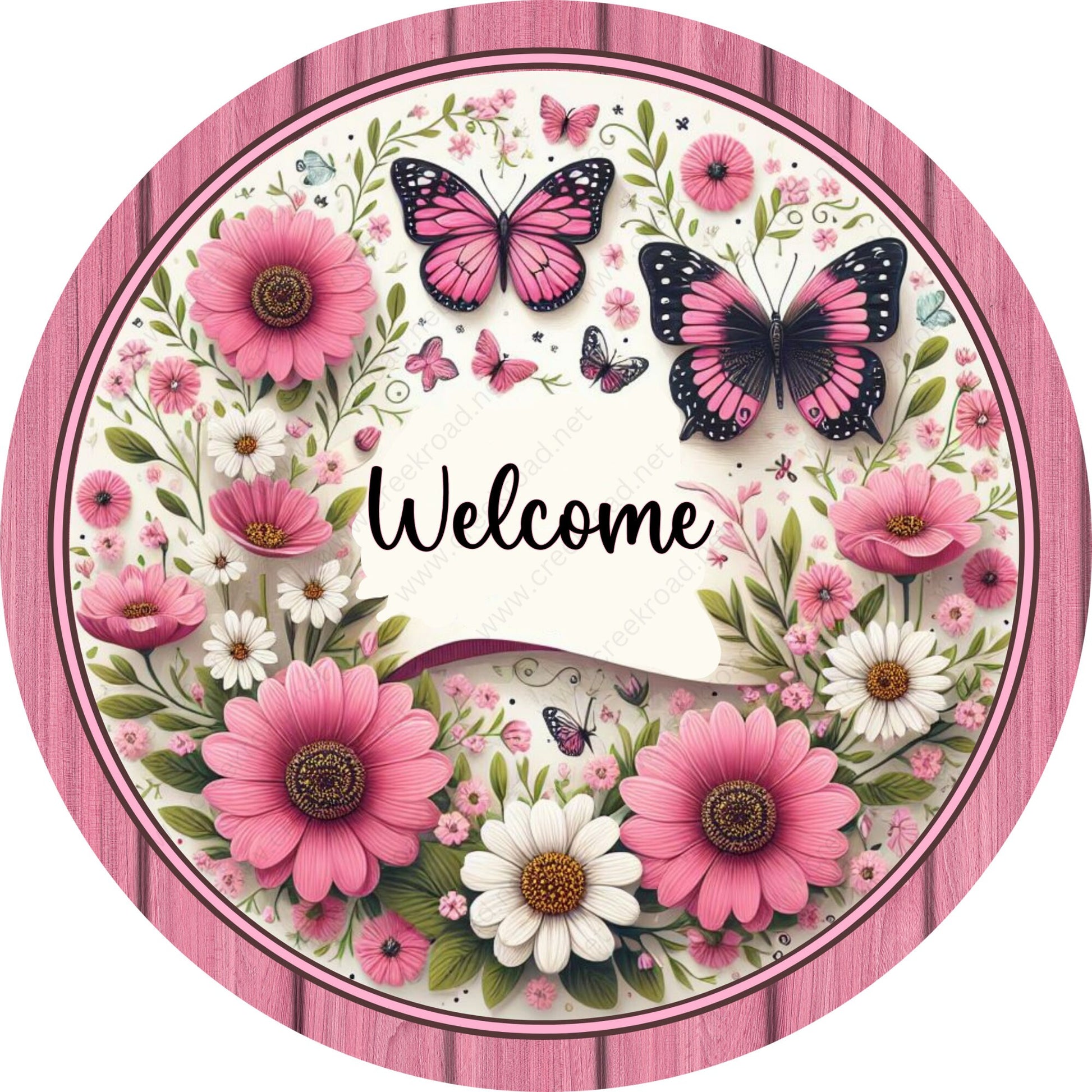 Welcome Pink White Daisies Butterflies Wreath Sign-Sublimation-Spring-Attachment-Decor