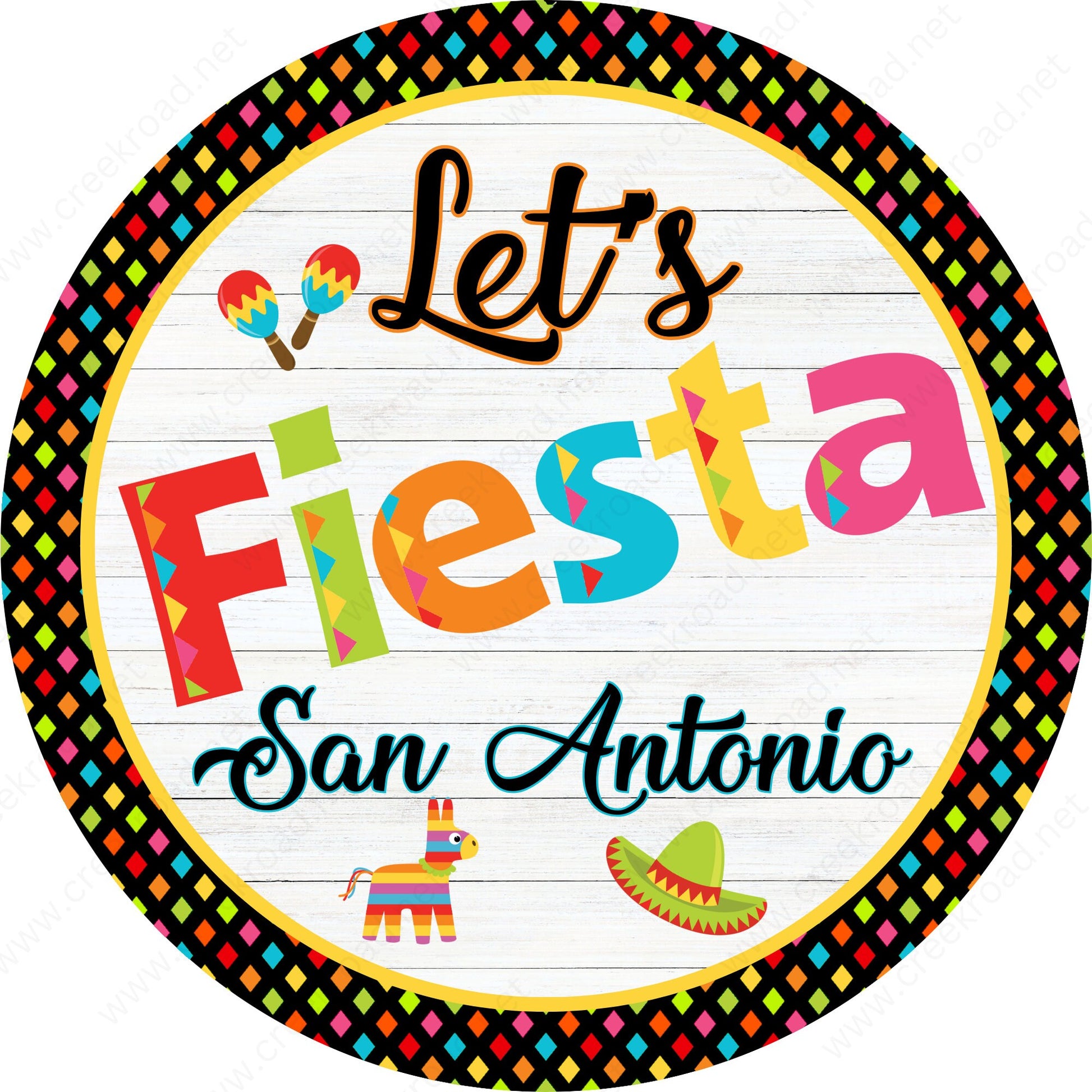 Let's Fiesta San Antonio Sombrero Piñata Maracas Patterned Border Wreath Sign-Sublimation-Decor-Round-Attachment