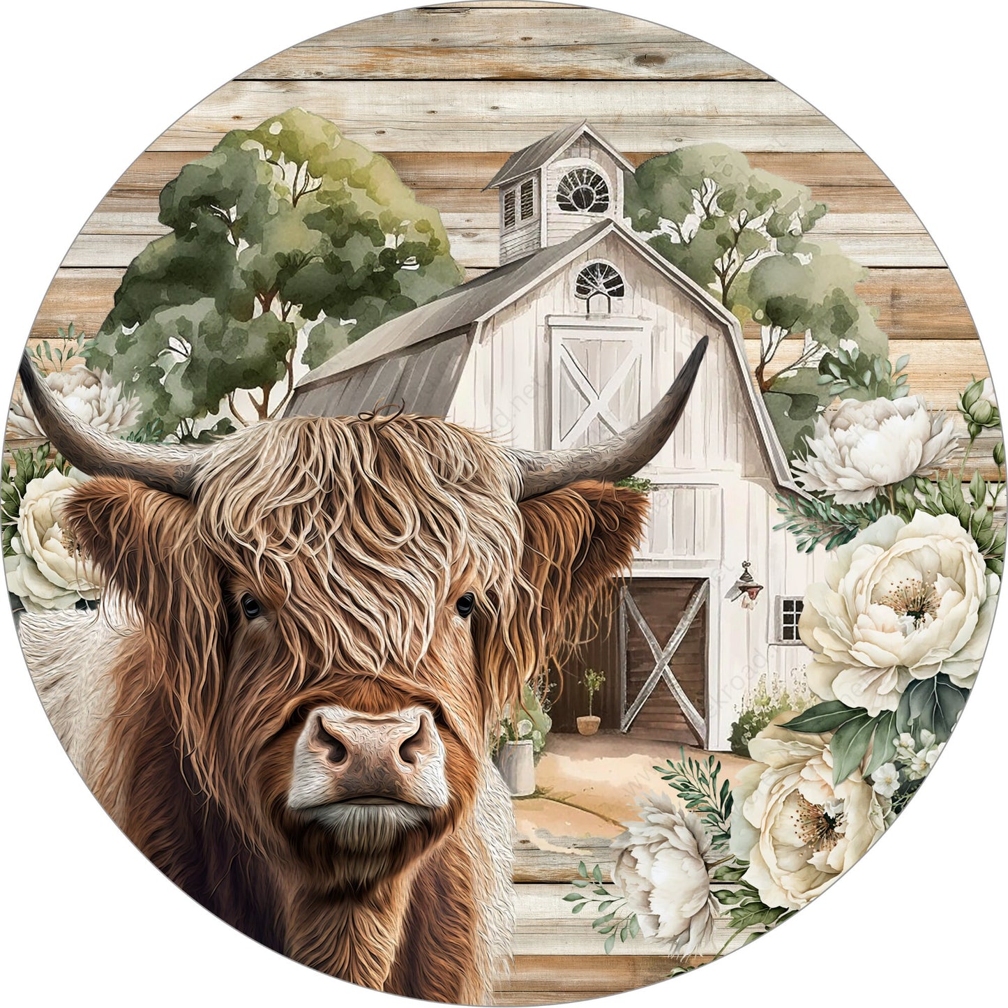 Highland Cow White Barn Roses Wreath Sign-Sublimation-Spring-Farm-Attachment-Decor