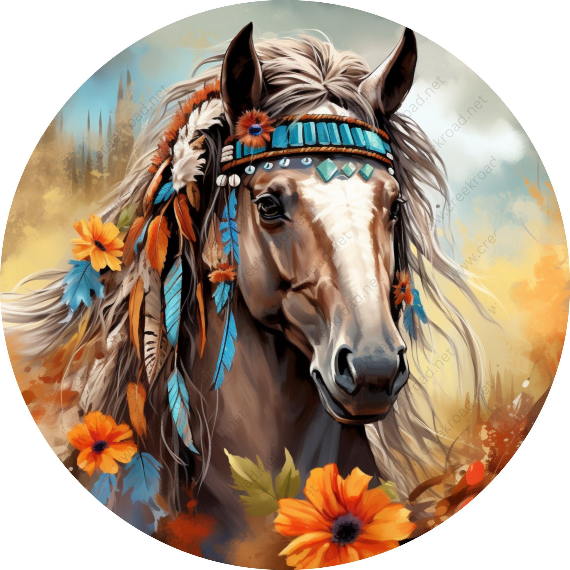 Beautiful Horse with Indian Headdress Wreath Sign-Sublimation-Spring-Farm-Attachment-Decor