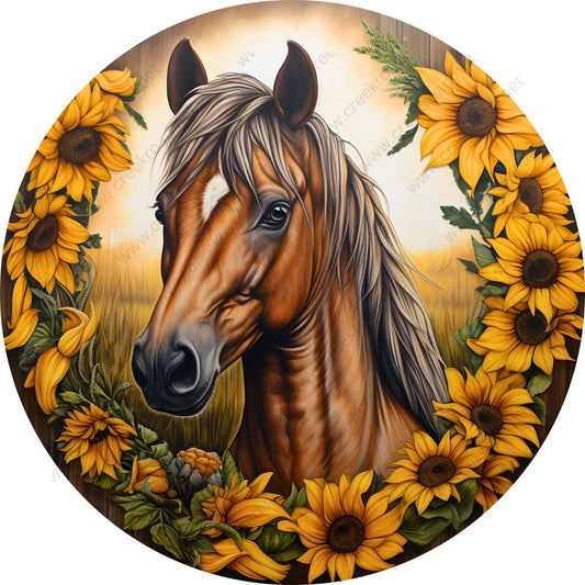 Brown Horse With Sunflowers Wreath Sign-Sublimation-Spring-Farm-Attachment-Decor