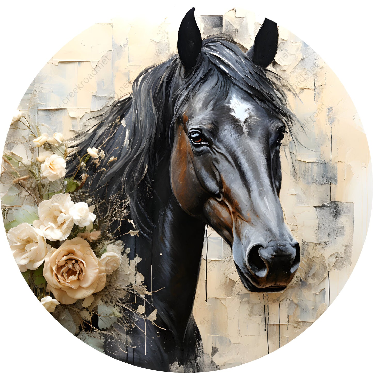 Black Beauty Horse Ivory Flowers Wreath Sign-Sublimation-Spring-Farm-Attachment-Decor