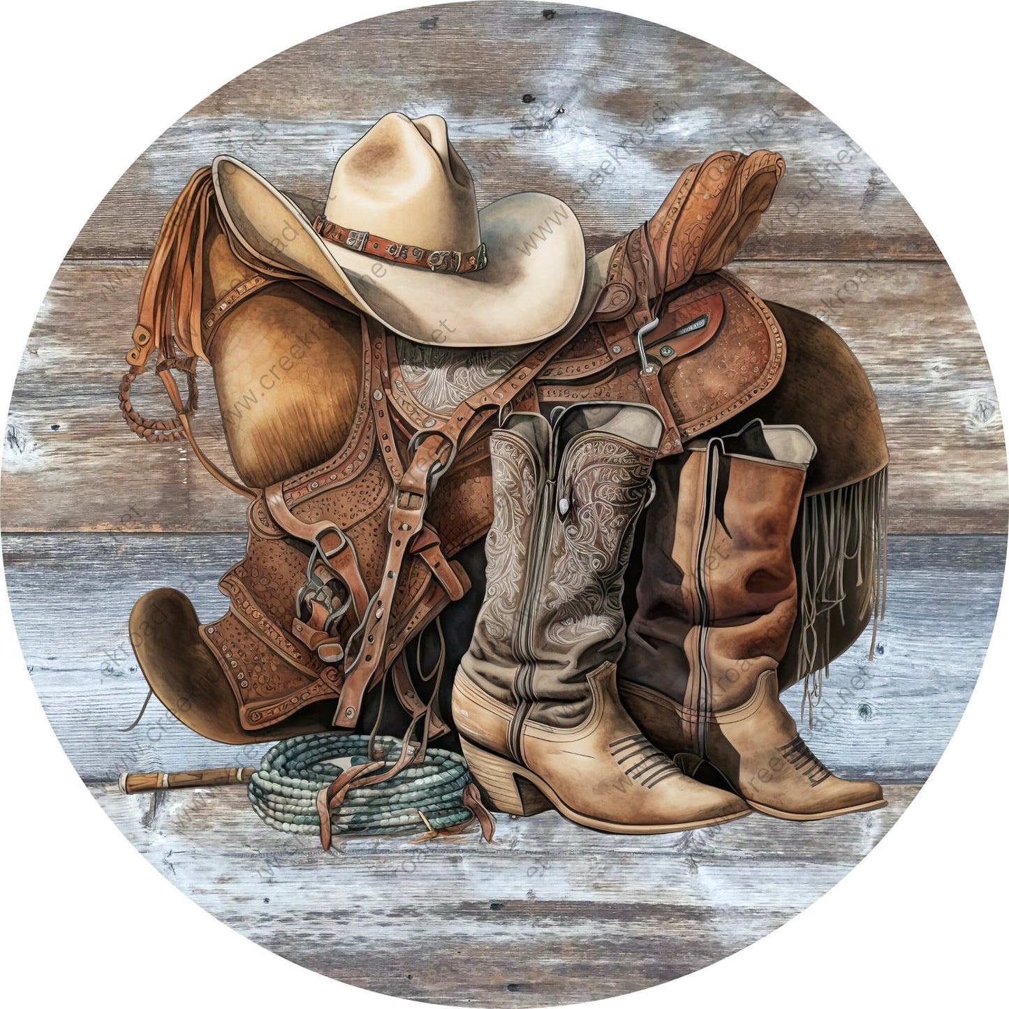 Cowboy Saddle Hat Boots Lasso on Brown Wood Background Wreath Sign-Round-Farm-Western-Everyday-Spring-Sublimation-Attachment-Decor