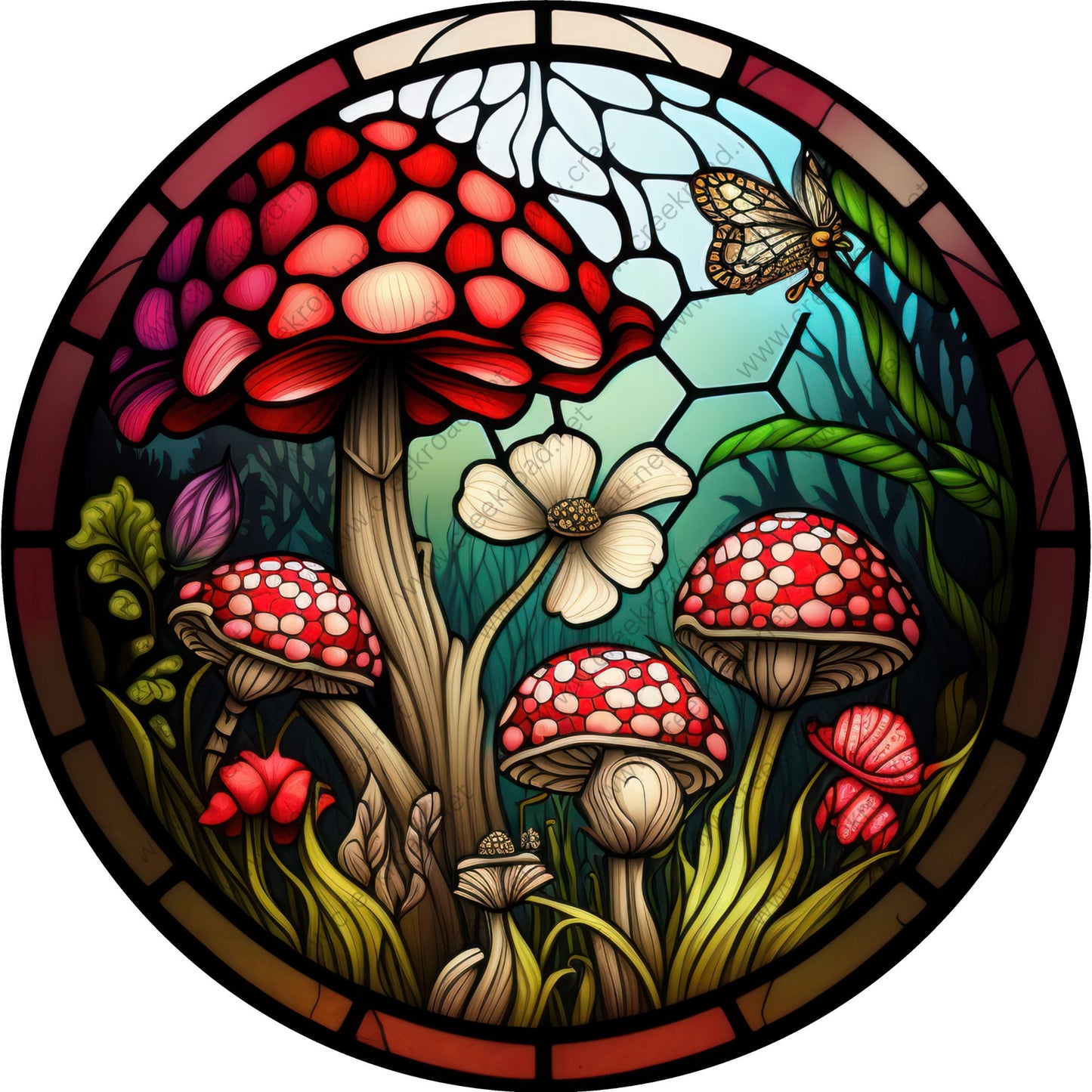 Red White Mushrooms Faux Stained Glass Wreath Sign-Round-Sublimation-Spring-Summer-Decor