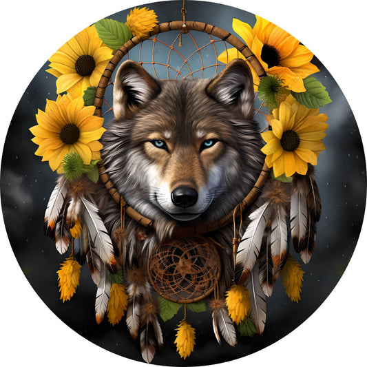 Blue Eyed Wolf Dreamcatcher with Sunflowers Wreath Sign-Round-Miscellaneous-Everyday-Spring-Sublimation-Attachment-Decor