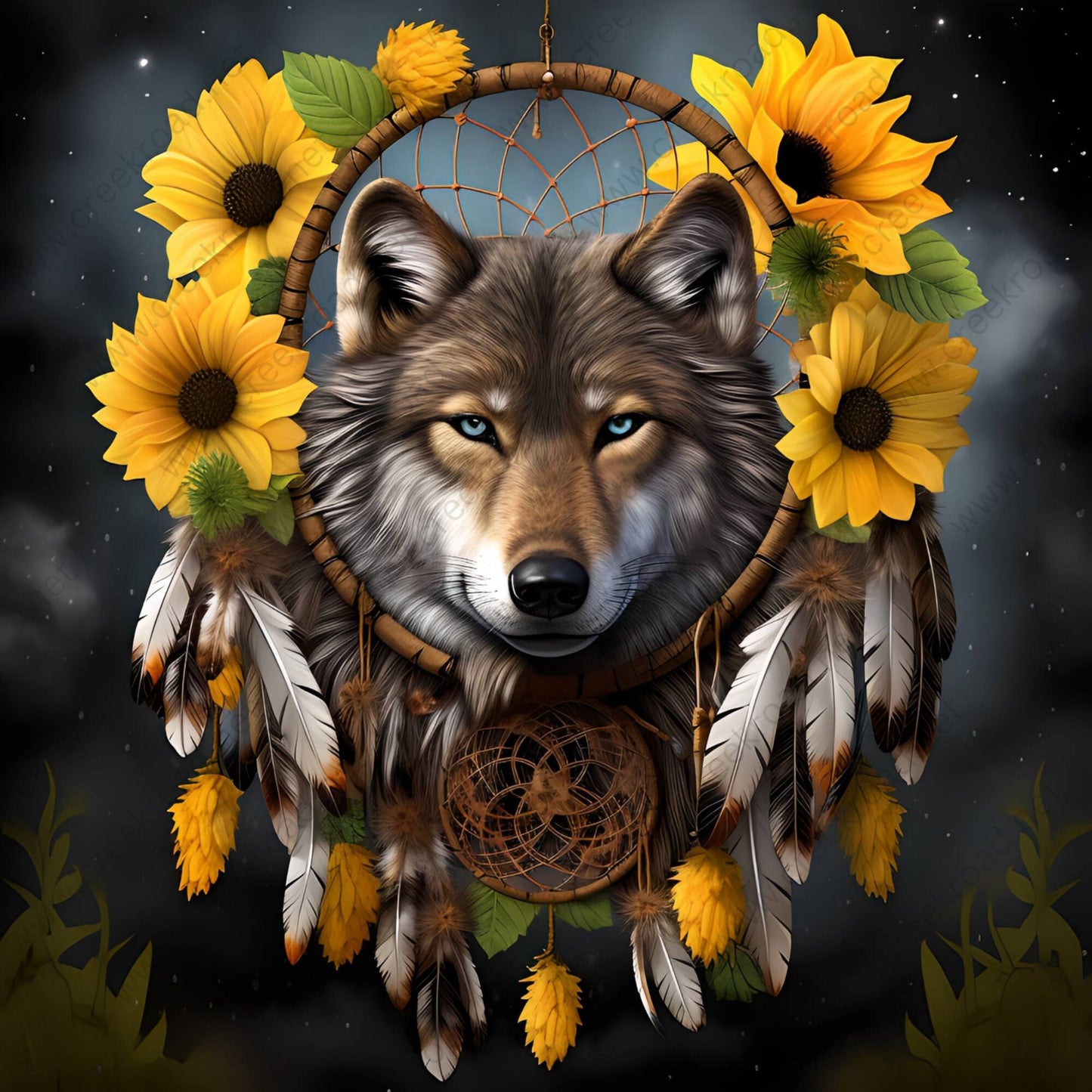 Blue Eyed Wolf Dreamcatcher with Sunflowers Wreath Sign-10"x10" Square-Sublimation-Square-Summer-Decor