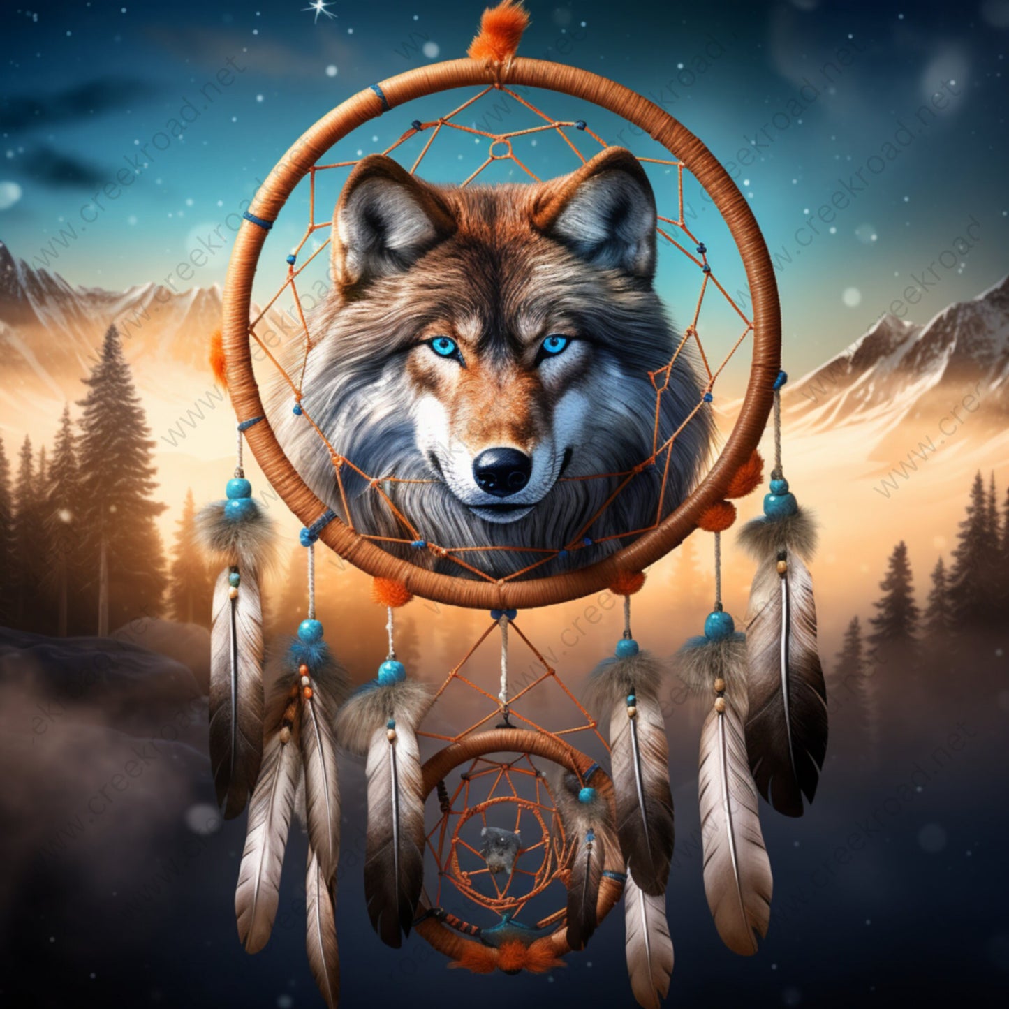 Blue Eyed Wolf Dreamcatcher in Mountains Wreath Sign-10"x10" Square-Sublimation-Square-Summer-Decor