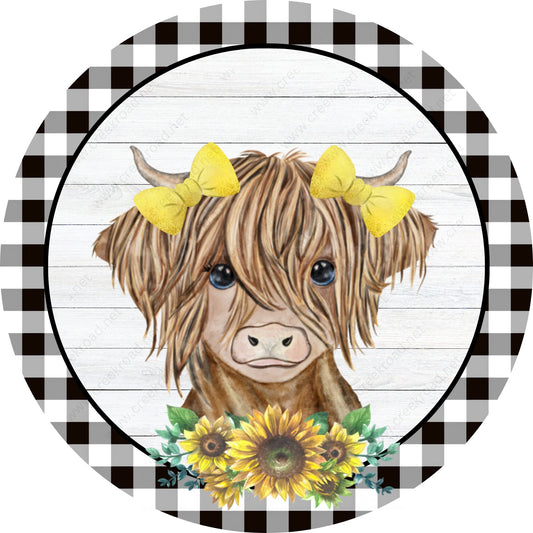 Highland Cow Sunflowers with Black White Gingham Border Spring Wreath Sign-Blank-Sublimation-Aluminum-Attachment