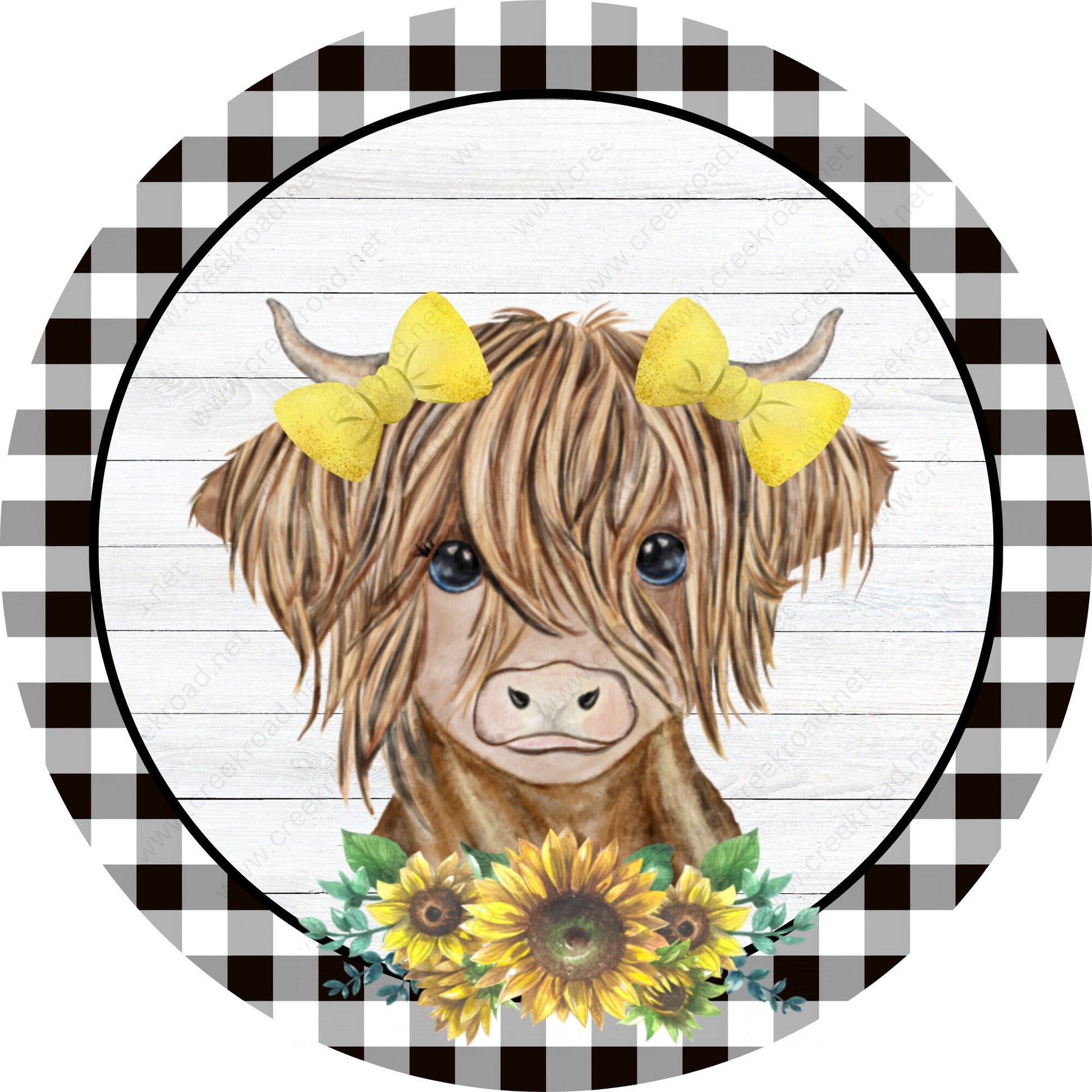 Highland Cow Sunflowers with Black White Gingham Border Spring Wreath Sign-Blank-Sublimation-Aluminum-Attachment