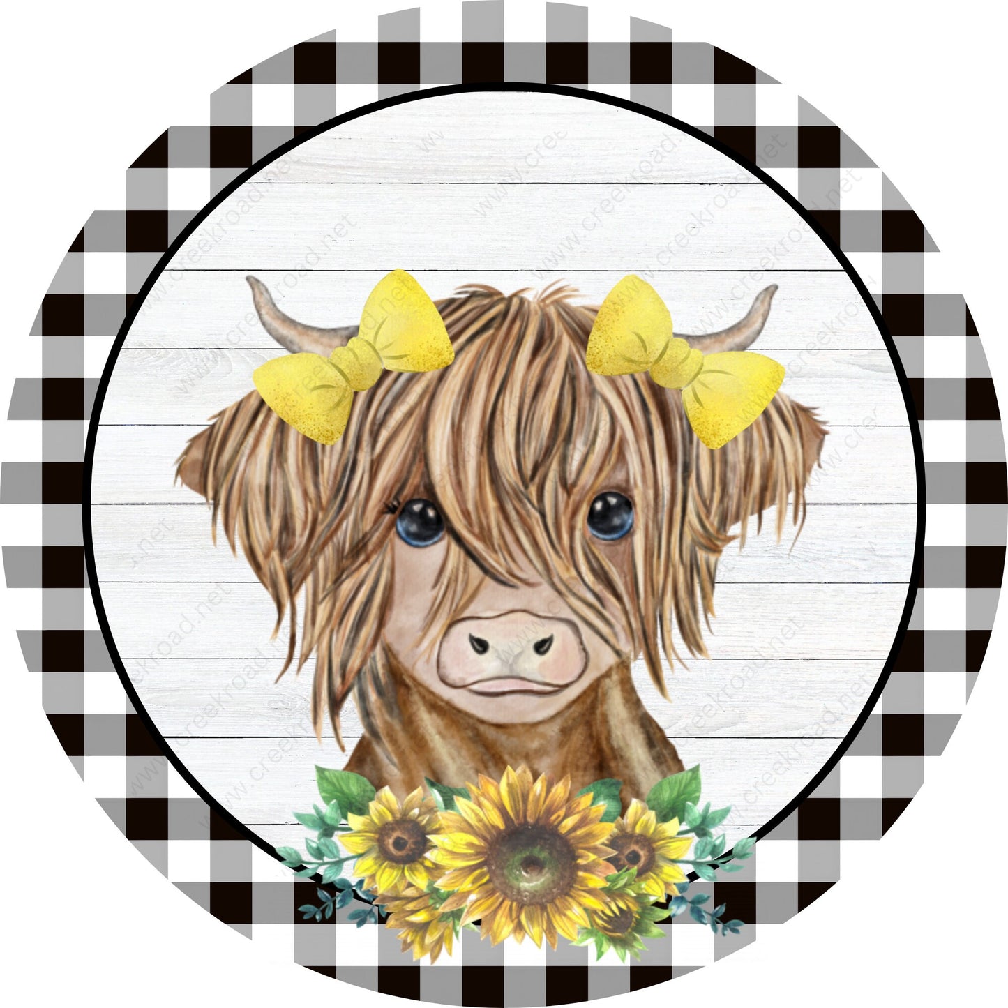 Highland Cow Sunflowers with Black White Gingham Border Spring Wreath Sign-Blank-Sublimation-Aluminum-Attachment