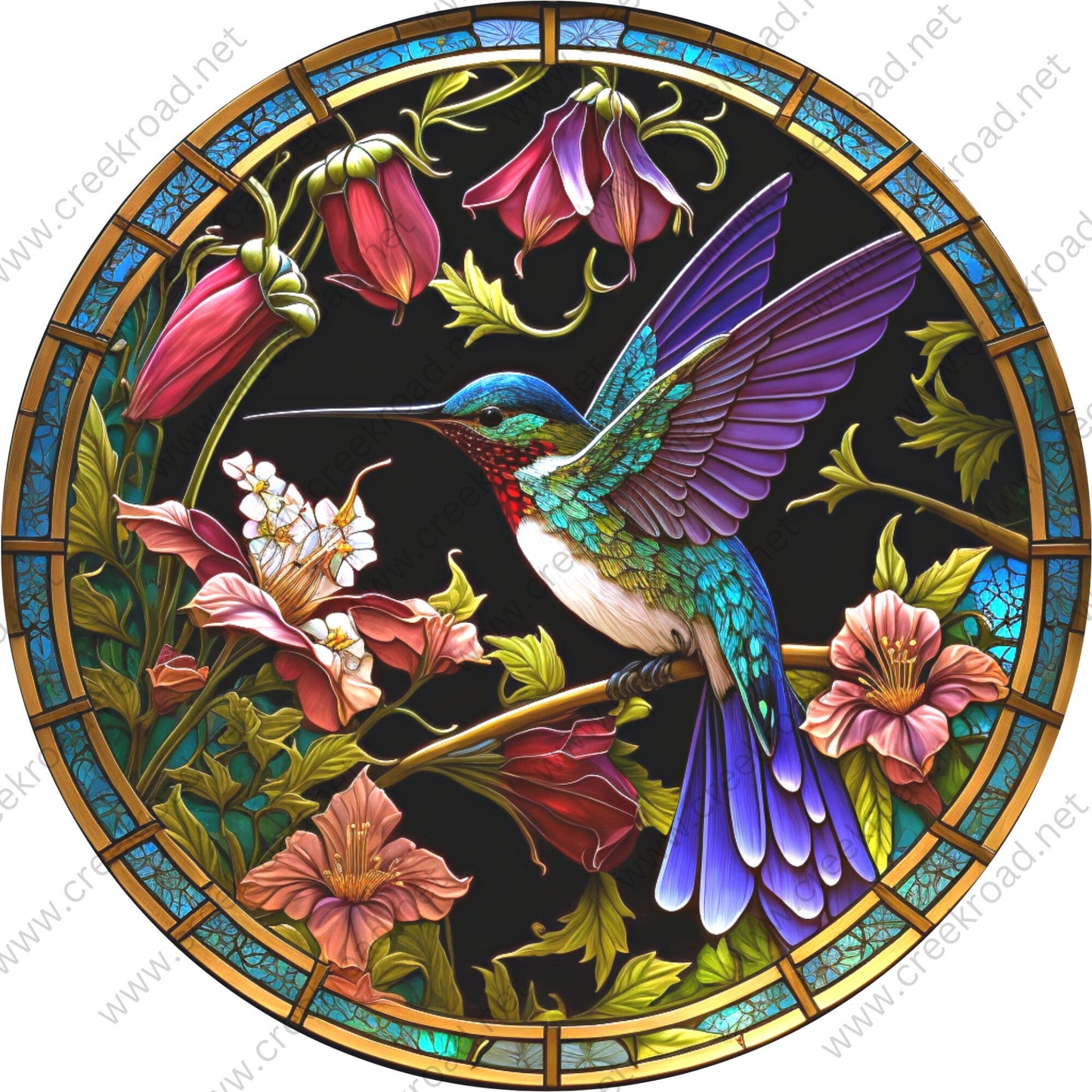 Purple Teal Hummingbird Florals Wreath Sign-Round-Sublimation-Spring-Decor