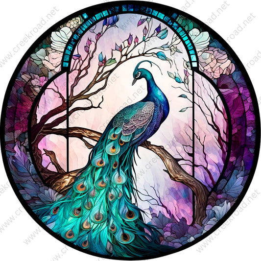 Colorful Peacock Sitting on Branch Wreath Sign-Round-Sublimation-Spring-Decor