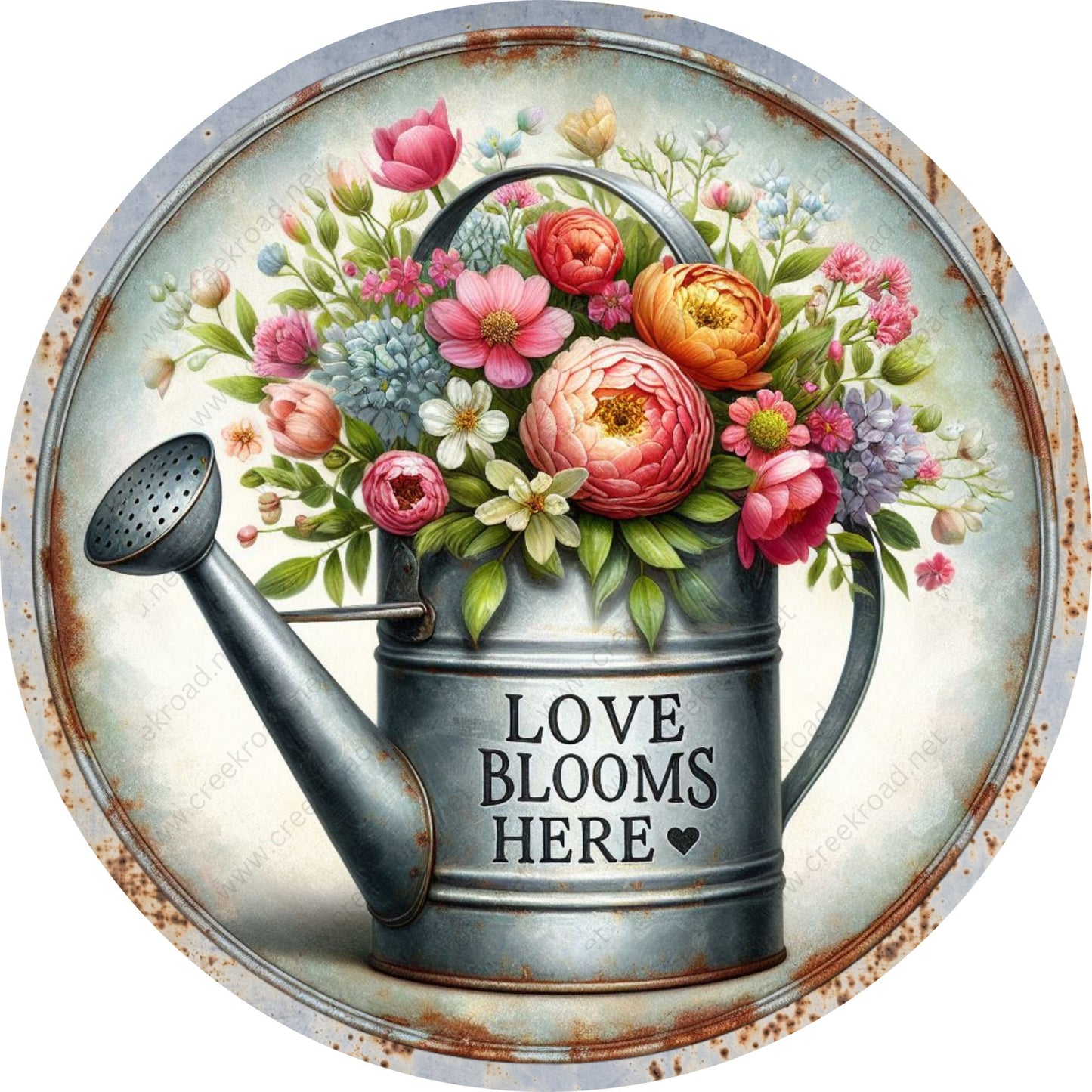 Love Blooms Here Spring Floral Watering Can Wreath Sign-Round-Sublimation-Spring-Decor