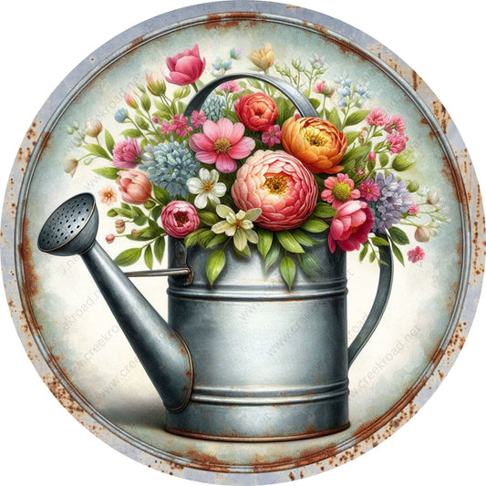 Spring Floral Watering Can Rusted Appearance Wreath Sign-Round-Sublimation-Spring-Decor