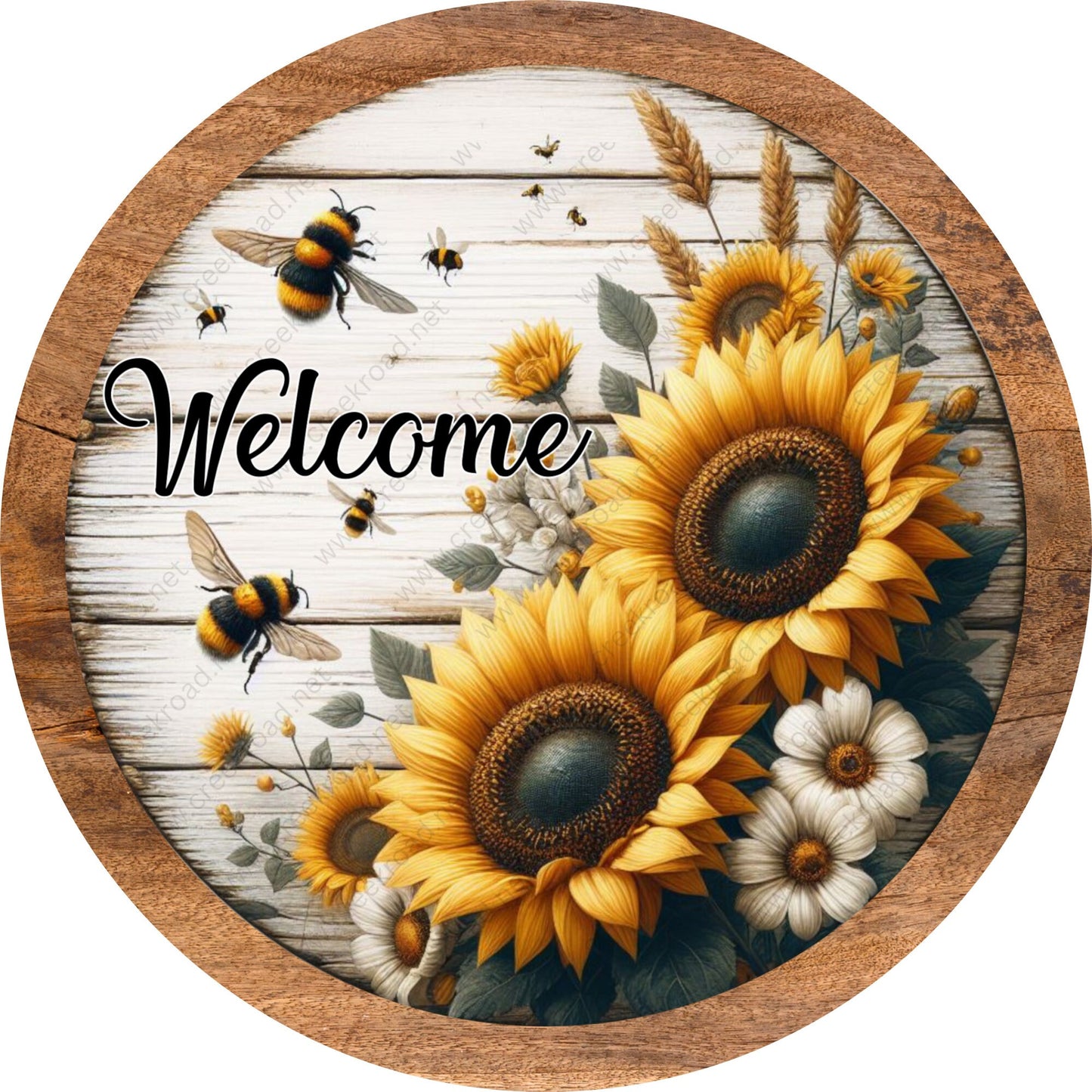 Welcome Sunflowers Bees on Shiplap Background Brown Border Spring Wreath Sign-Sublimation-Attachment-Decor