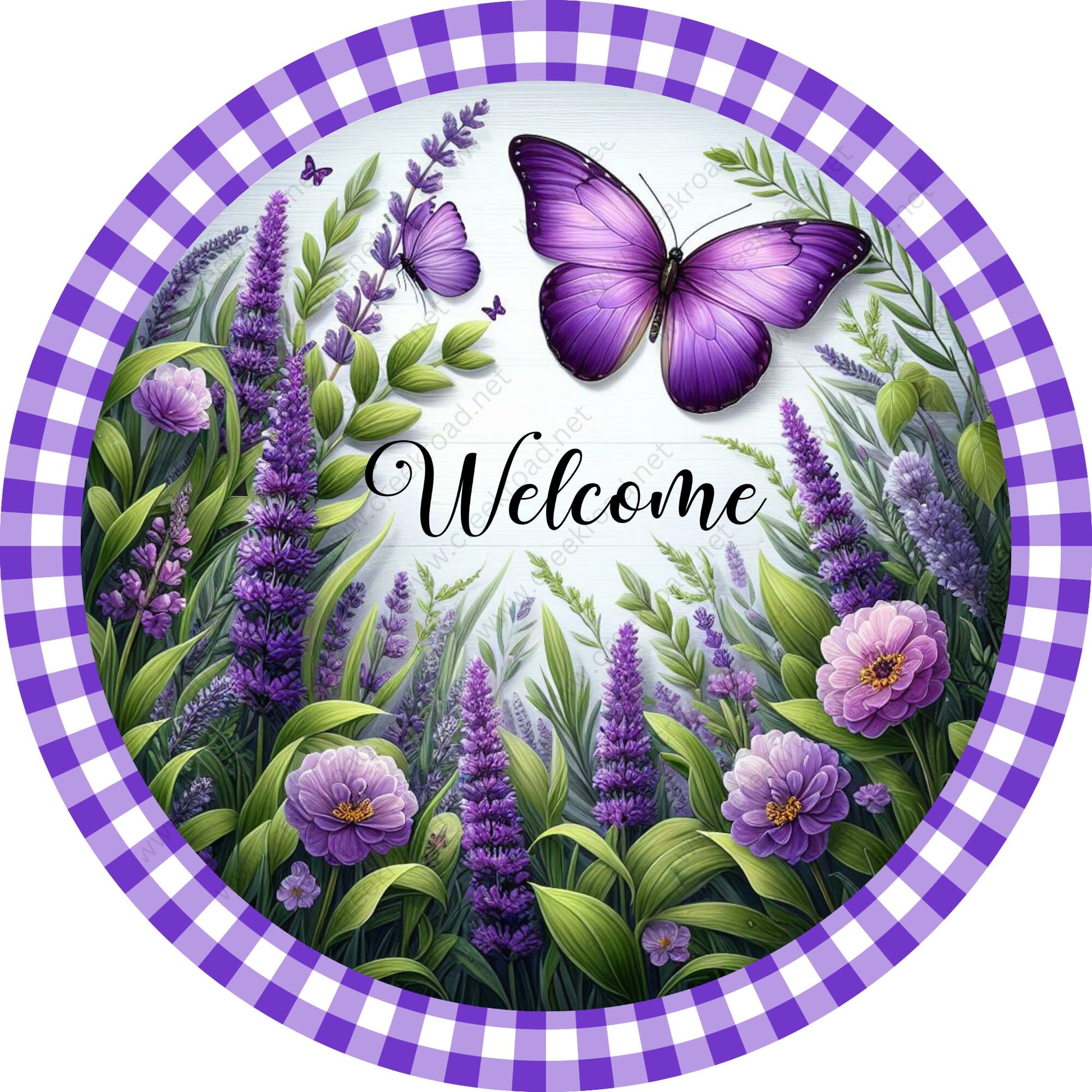 Welcome Purple Butterfly in Lavender Field Spring Checkered Border Wreath Sign-Sublimation-Attachment-Decor