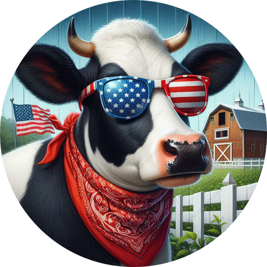 Patriotic American Farm Cow Bandana Wreath Sign-Round-Sublimation-Aluminum-Attachment-Decor