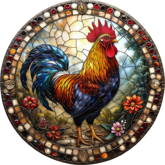 Colorful Rooster Stained Glass Appearance Wreath Sign-Round-Farm-Western-Sublimation-Attachment-NOT STAINED GLASS