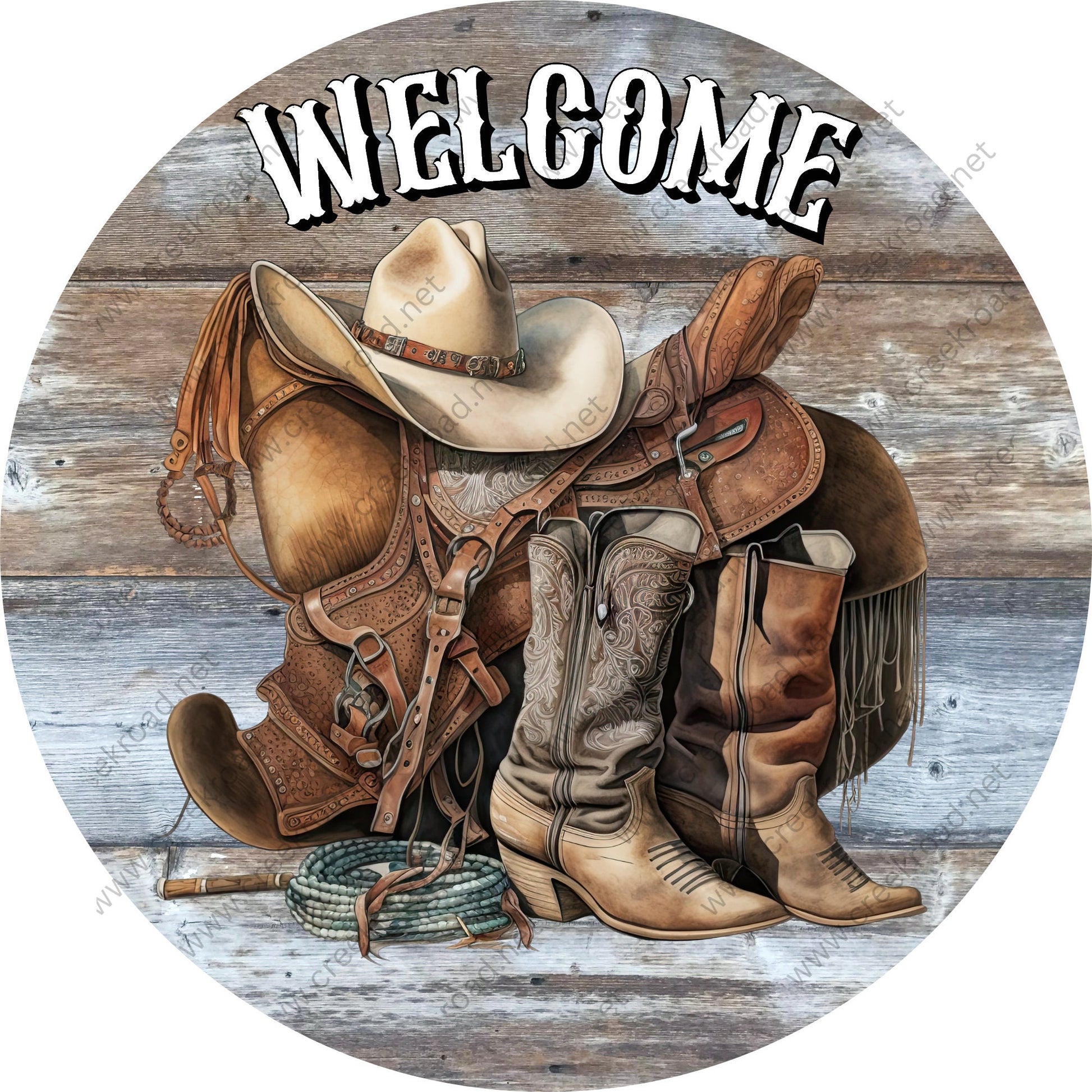 Welcome Saddle Hat Boots Lasso on Brown Wood Background Wreath Sign-Round-Farm-Western-Everyday-Spring-Sublimation-Attachment-Decor