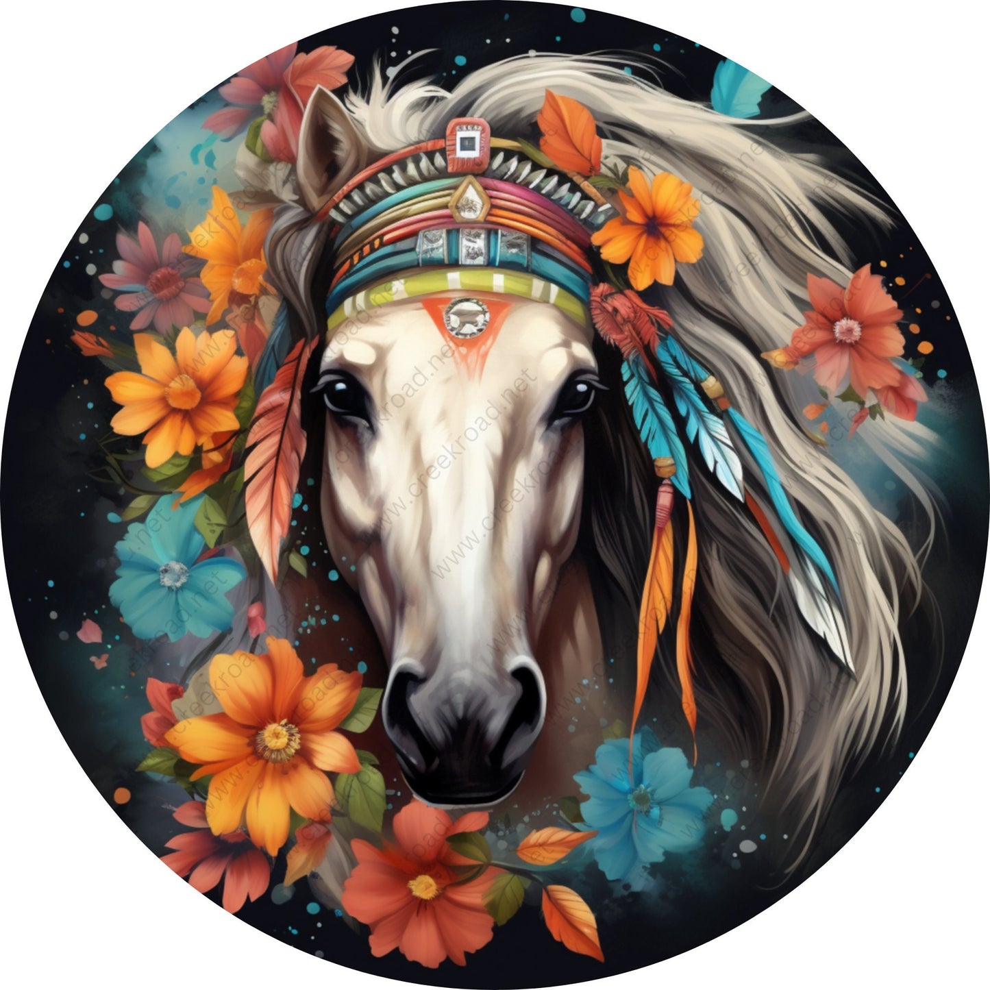 White Horse With Indian Headdress Wreath Sign-Round-Farm-Western-Everyday-Spring-Sublimation-Attachment-Decor