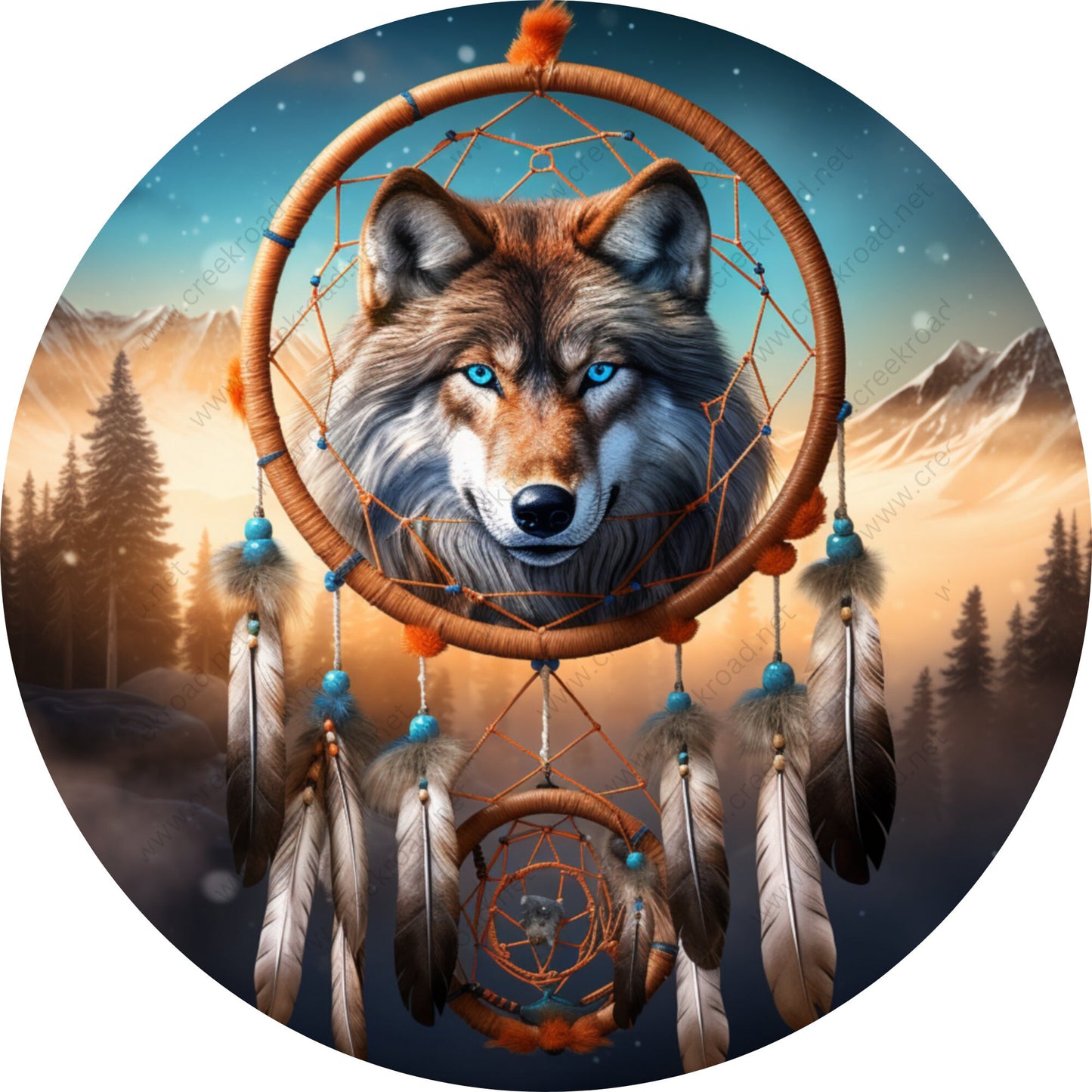 Blue Eyed Wolf Dreamcatcher In The Mountains Wreath Sign-Round-Miscellaneous-Everyday-Spring-Sublimation-Attachment-Decor