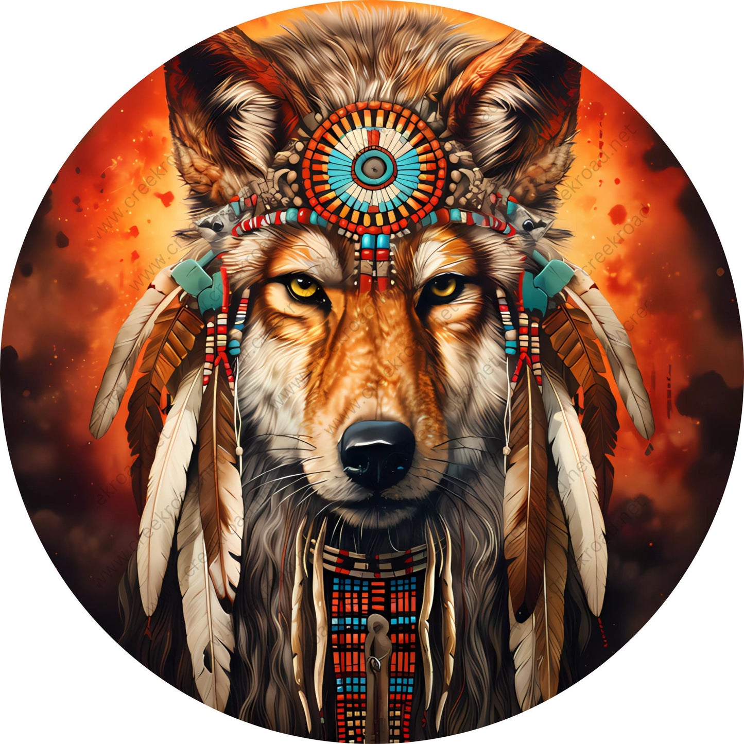 Wolf with Indian Headdress Wreath Sign-Round-Miscellaneous-Everyday-Spring-Sublimation-Attachment-Decor