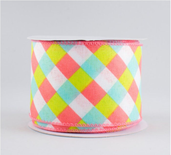 2.5" X 10Yd Wired-Spring Gingham Plaid Ribbon: Blue, Coral, Moss-Q714240-04-Wreaths-Crafts-Decor