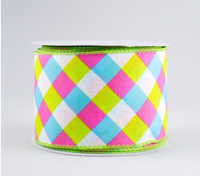 2.5" X 10Yd Wired-Spring Gingham Plaid Ribbon: Blue, Pink, Lime-Q714240-03-Wreaths-Crafts-Decor