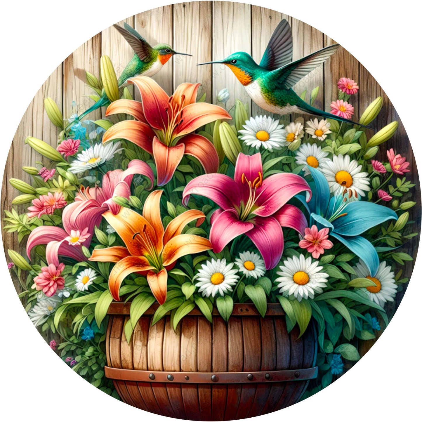 Barrel of Spring Flowers Hummingbird Wreath Sign-Round-Spring-Sublimation-Decor-attachment