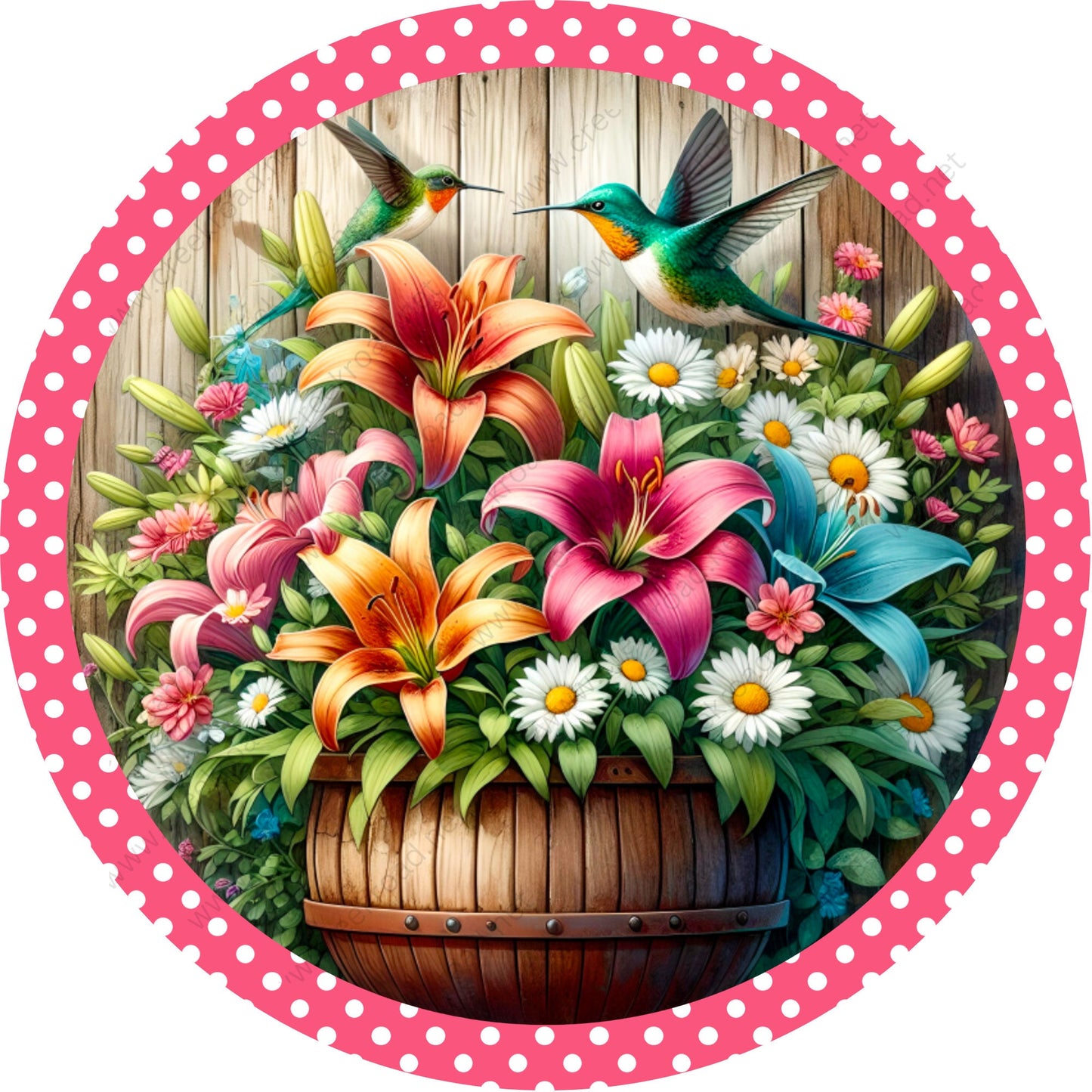 Barrel of Spring Flowers Hummingbird Pink Polka Dot Border Wreath Sign-Round-Spring-Sublimation-Decor-attachment