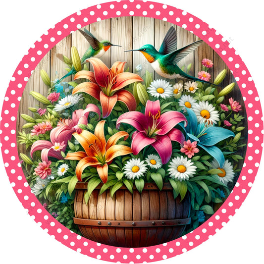 Barrel of Spring Flowers Hummingbird Pink Polka Dot Border Wreath Sign-Round-Spring-Sublimation-Decor-attachment