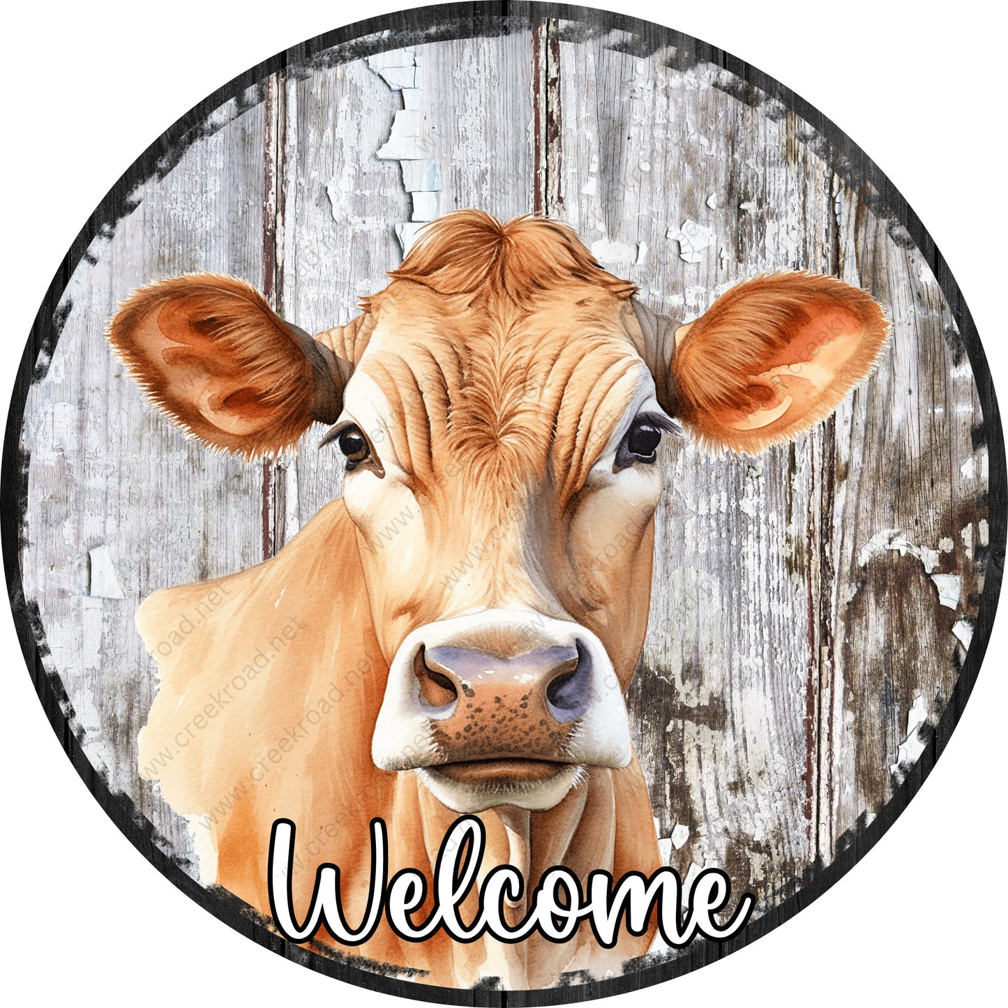 Welcome Brown Jersey Cow Wreath Sign-Round-Farm-Western-Sublimation-Attachment-Decor