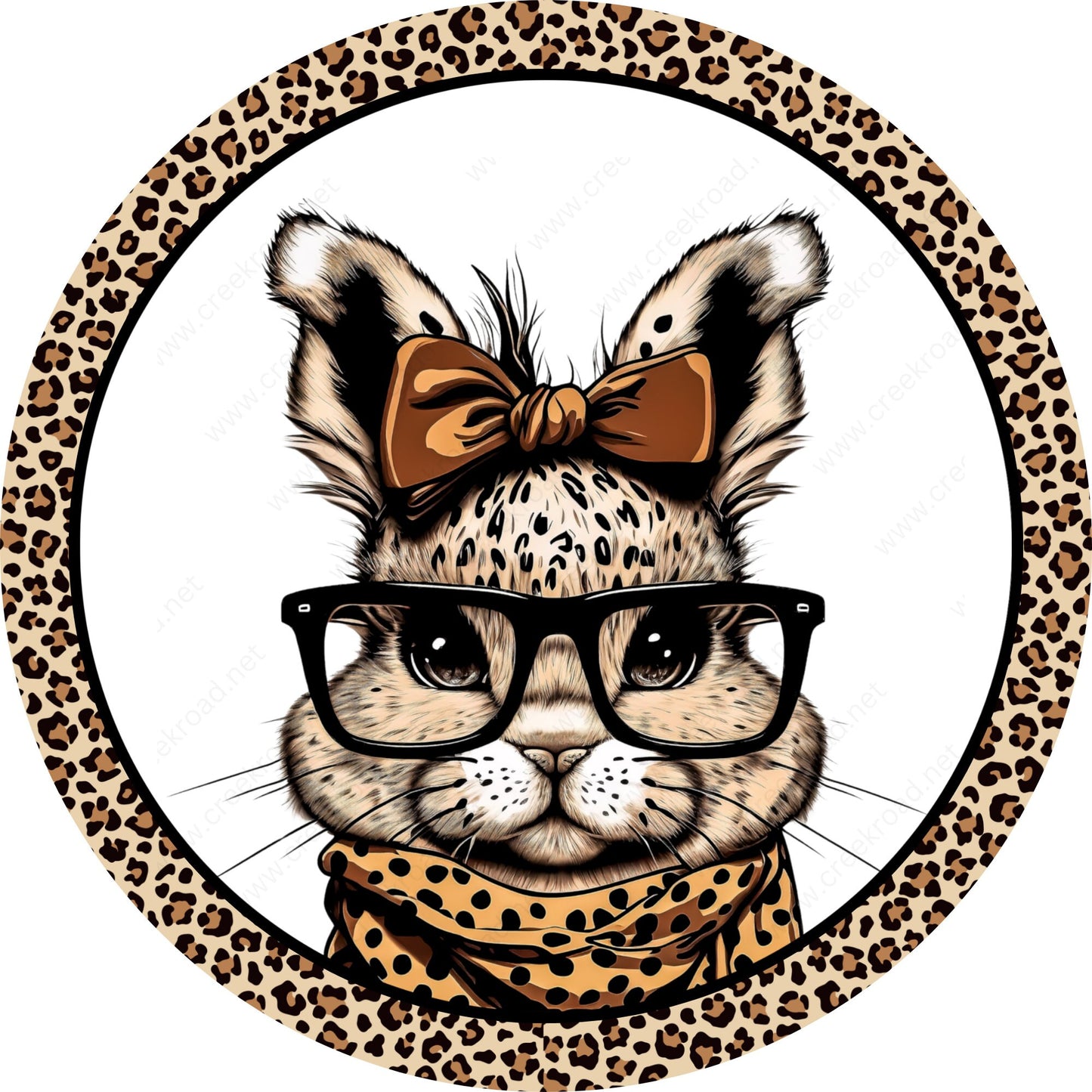 Leopard Print Bunny Bow Glasses Wreath Sign-Sublimation-Easter-Round-Attachment-Decor-Easter