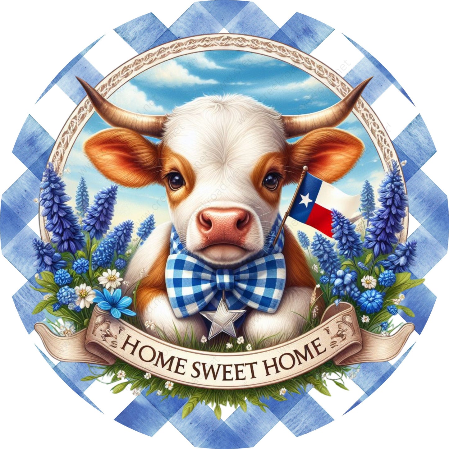 Home Sweet Home Brown Cow Texas Flag Bluebonnet Wreath Sign-Round-Farm-Western-Sublimation-Attachment-