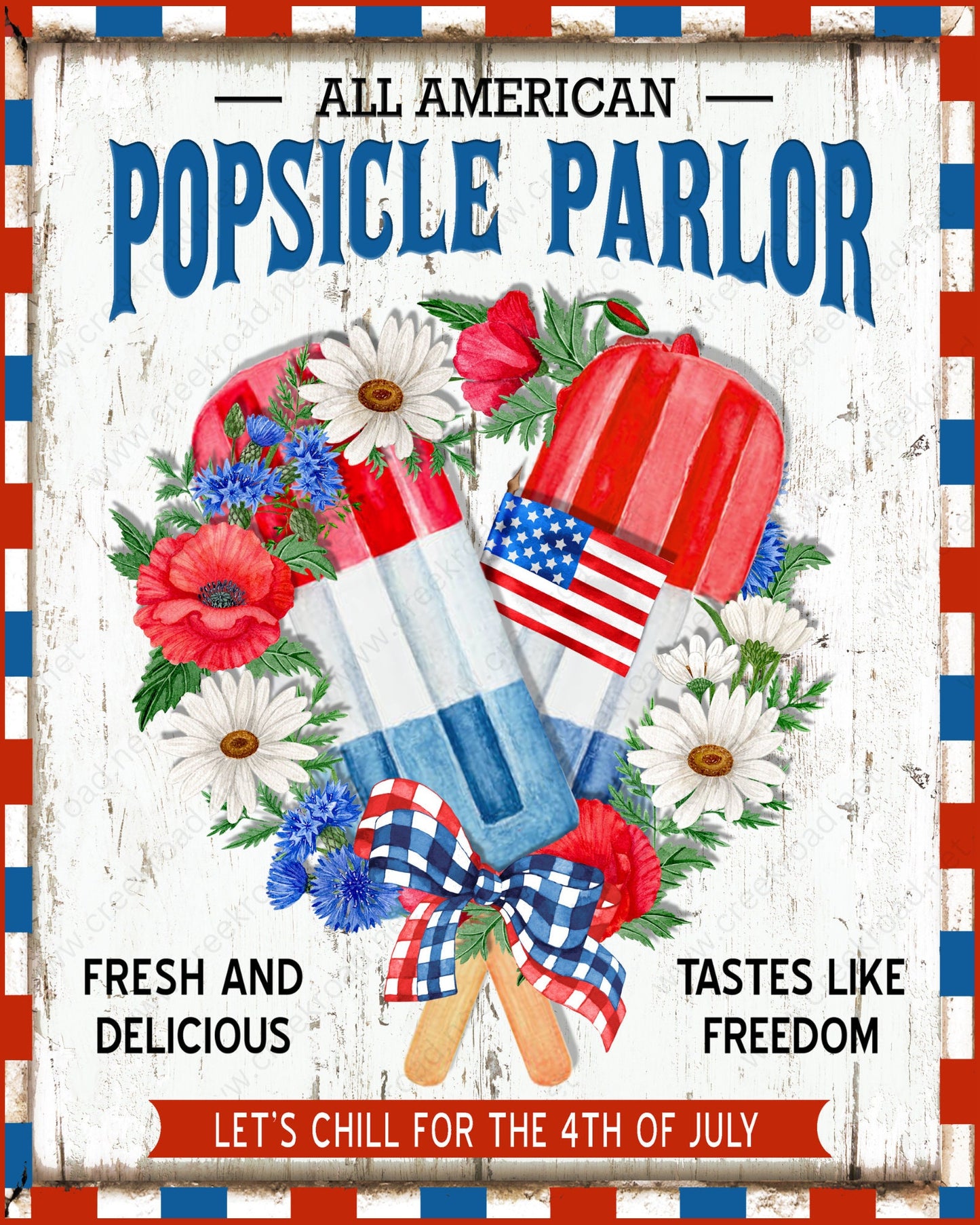 All American Popsicle Parlor with Florals and Bows Distressed Wreath Sign-8"x10" Rectangle-Sublimation-Aluminum-Attachment-Decor